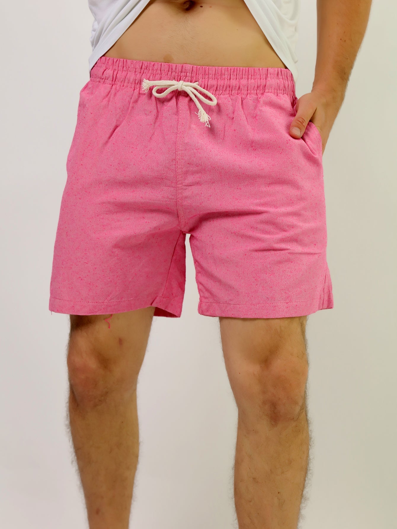 Shorts Masculino Casual Com Cós Elástico E Cordão Ajustável Rosa Pink / PP Shorts Masculino Casual Com Cós Elástico E