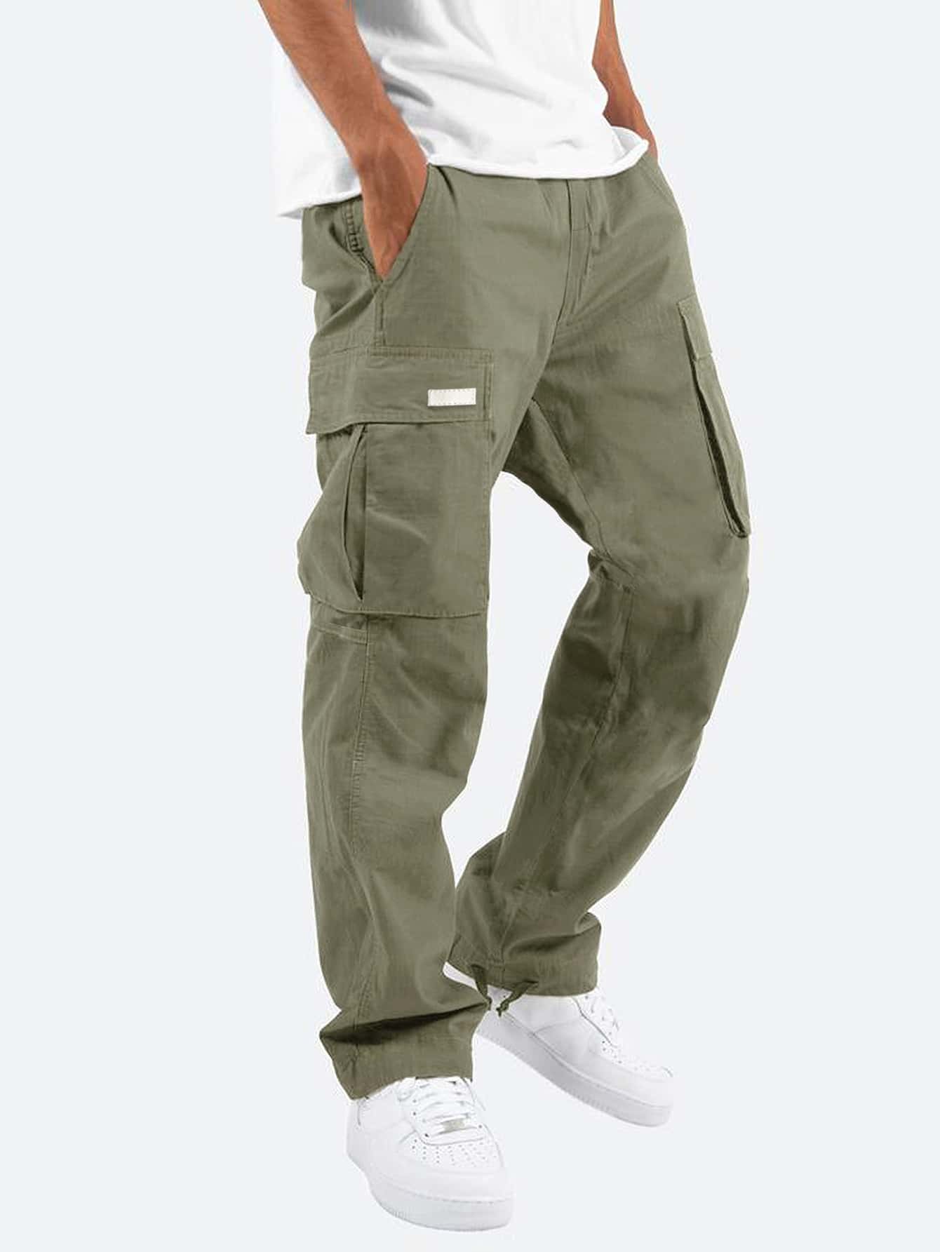 Calça Masculina Cargo Casual Bolsos Funcionais E Corte Clássico Verde Militar / PP Calça Masculina Cargo Casual Bolsos