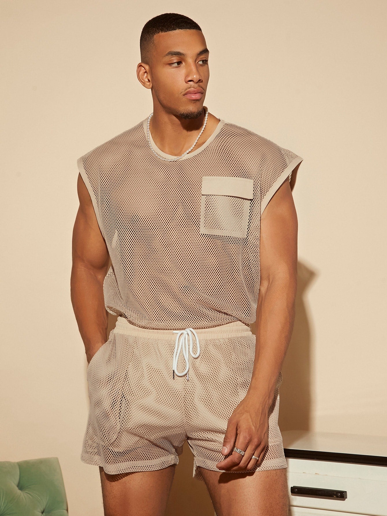 Conjunto Masculino Regata Com Bolsos E Shorts Cós Elástico Caqui / PP Conjunto Masculino Regata Com Bolsos E Shorts Cós