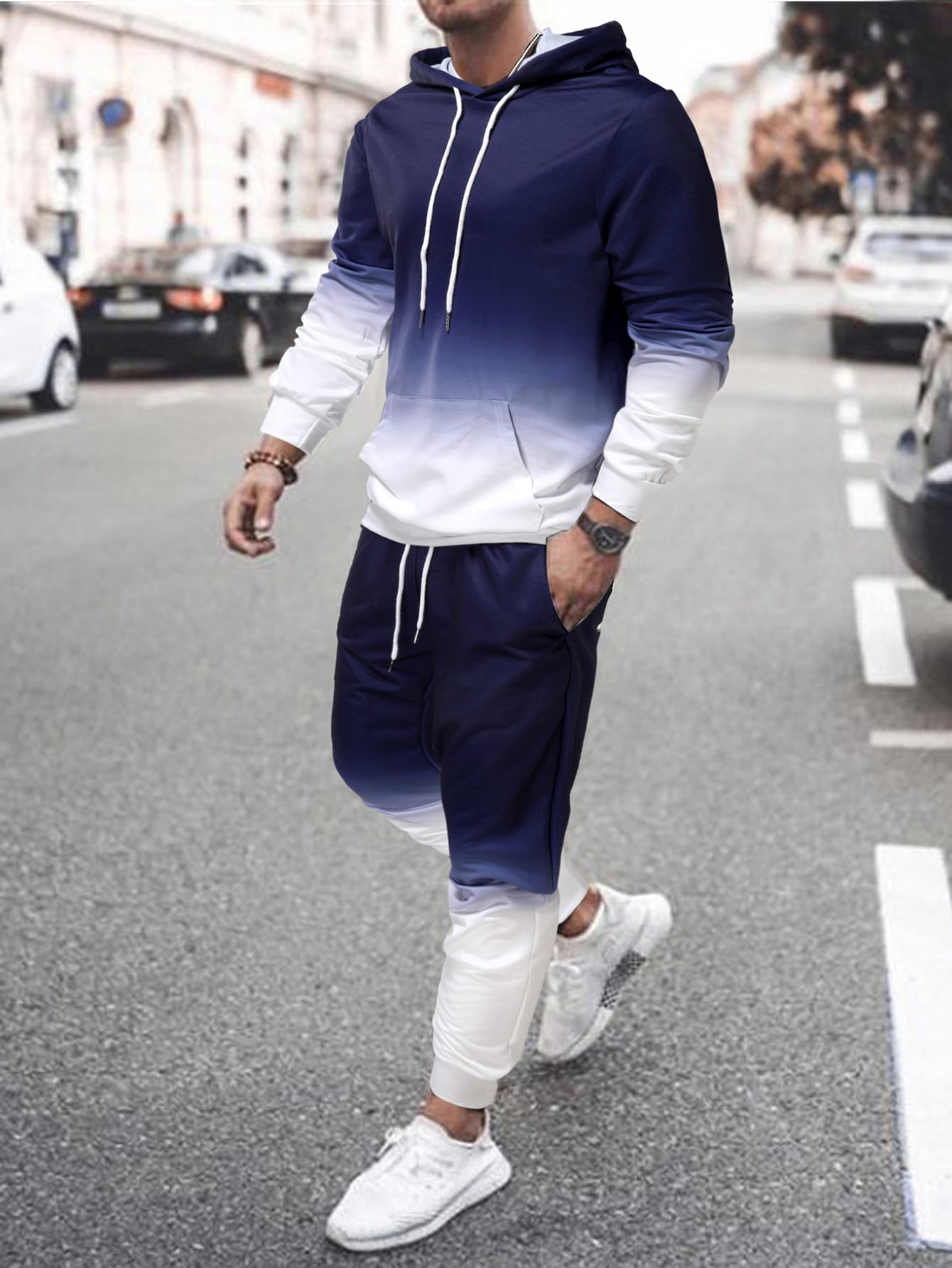 Conjunto Masculino Moletom Degradê Moderno Com Capuz Azul Marinho / PP Conjunto Masculino Moletom Degradê Moderno Com