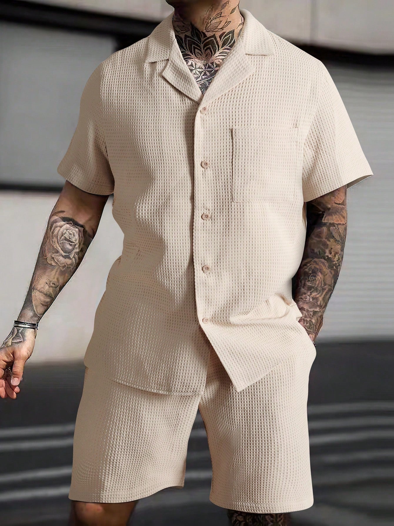 Conjunto Masculino Camisa Abotoamento Simples E Shorts Casuais Damasco / PP Conjunto Masculino Camisa Abotoamento