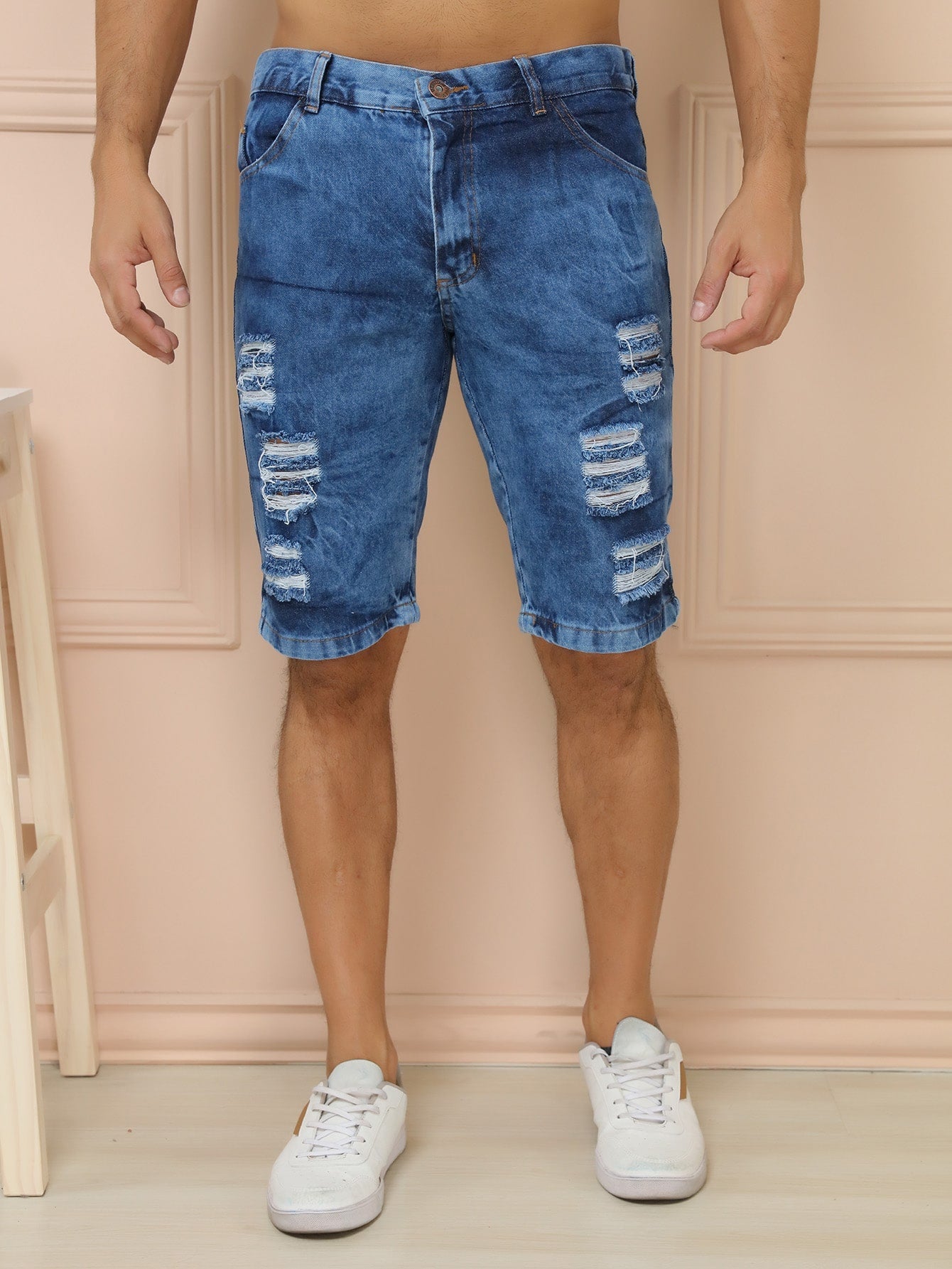 Shorts Masculino Casual Com Cós Reto E Bolsos Laterais Lavagem Média / PP Shorts Masculino Casual Com Cós Reto E Bolsos