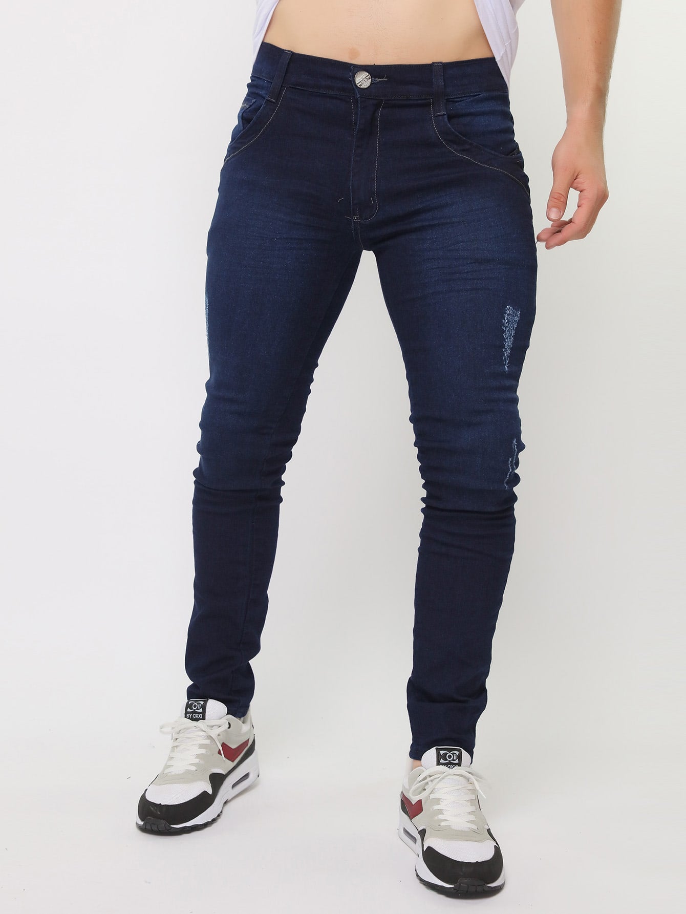 Calça Masculina Jeans Slim Fit Com Lavagem Desgastada E Estilo Lavagem Escura / PP Calça Masculina Jeans Slim Fit Com