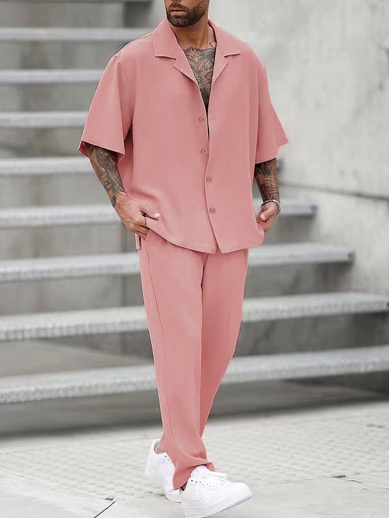 Conjunto Masculino Camisa Gola Dobrada E Calça Casual Solta Rosa / PP Conjunto Masculino Camisa Gola Dobrada E Calça
