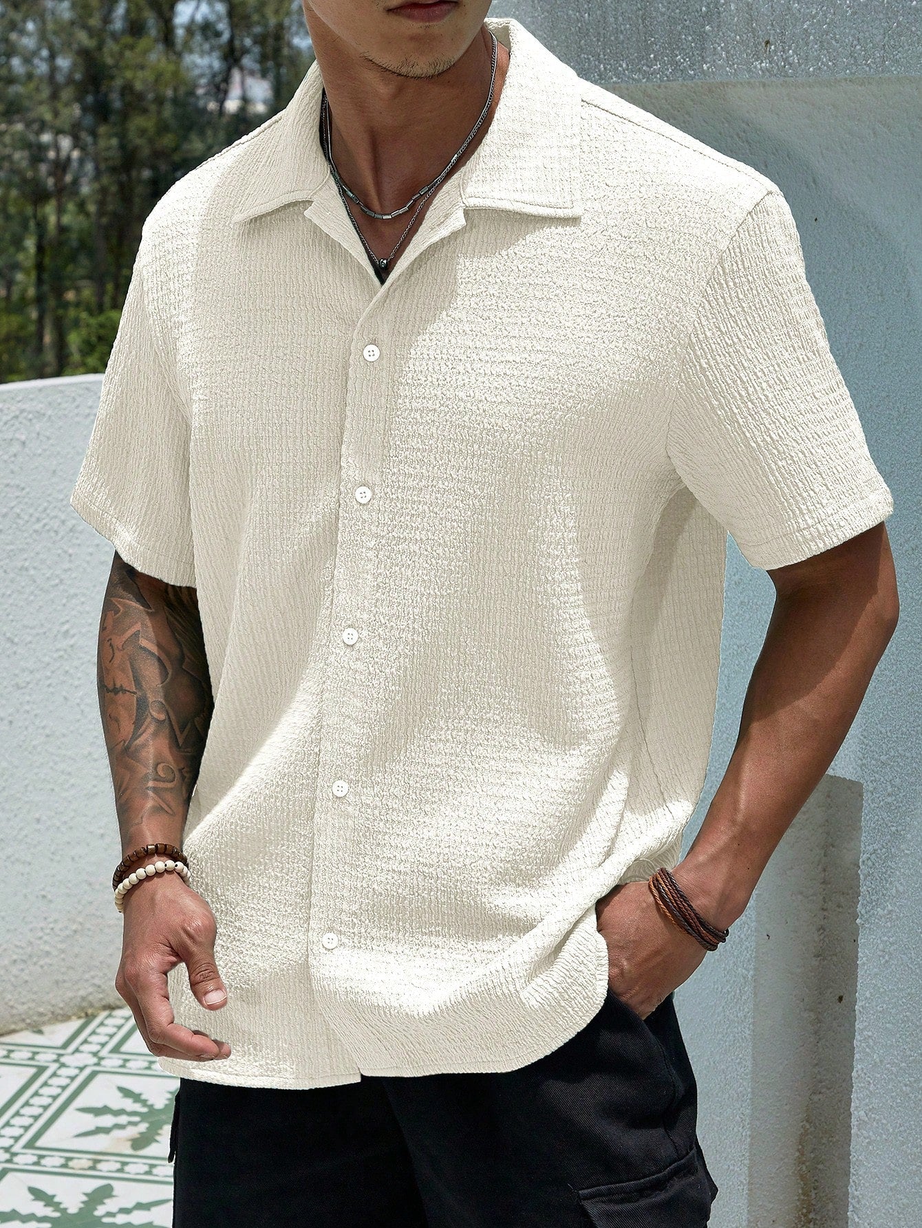 Camisa Masculina De Botão Caimento Leve Textura Fina Branco / PP Camisa Masculina De Botão Caimento Leve Textura Fina