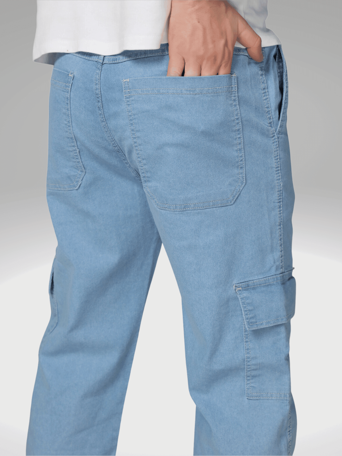Calça Masculina Cargo Reta Em Jeans Com Cintura Ajustável Calça Masculina Cargo Reta Em Jeans Com Cintura Ajustável