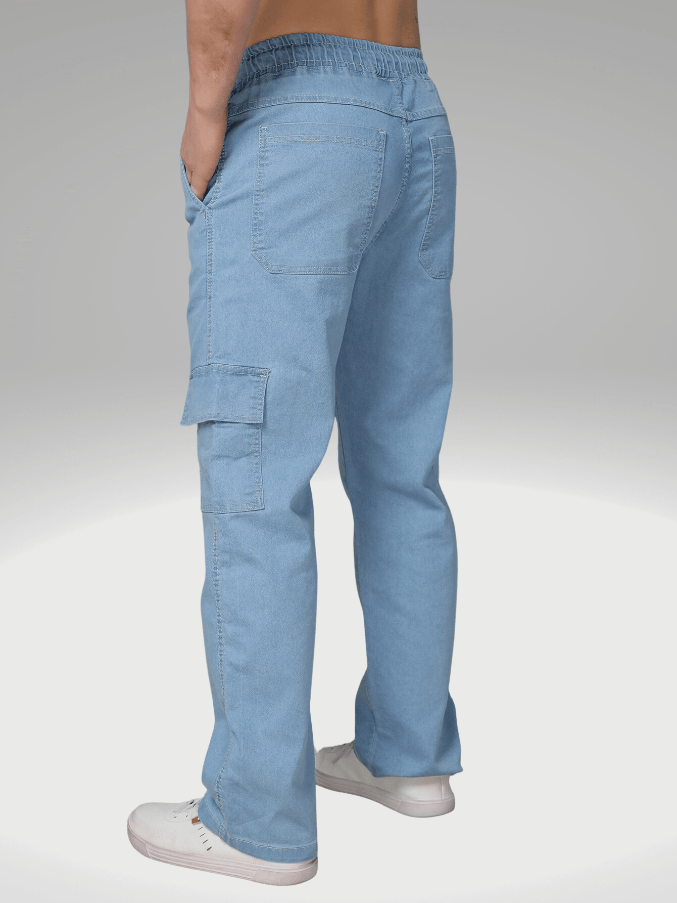 Calça Masculina Cargo Reta Em Jeans Com Cintura Ajustável Calça Masculina Cargo Reta Em Jeans Com Cintura Ajustável