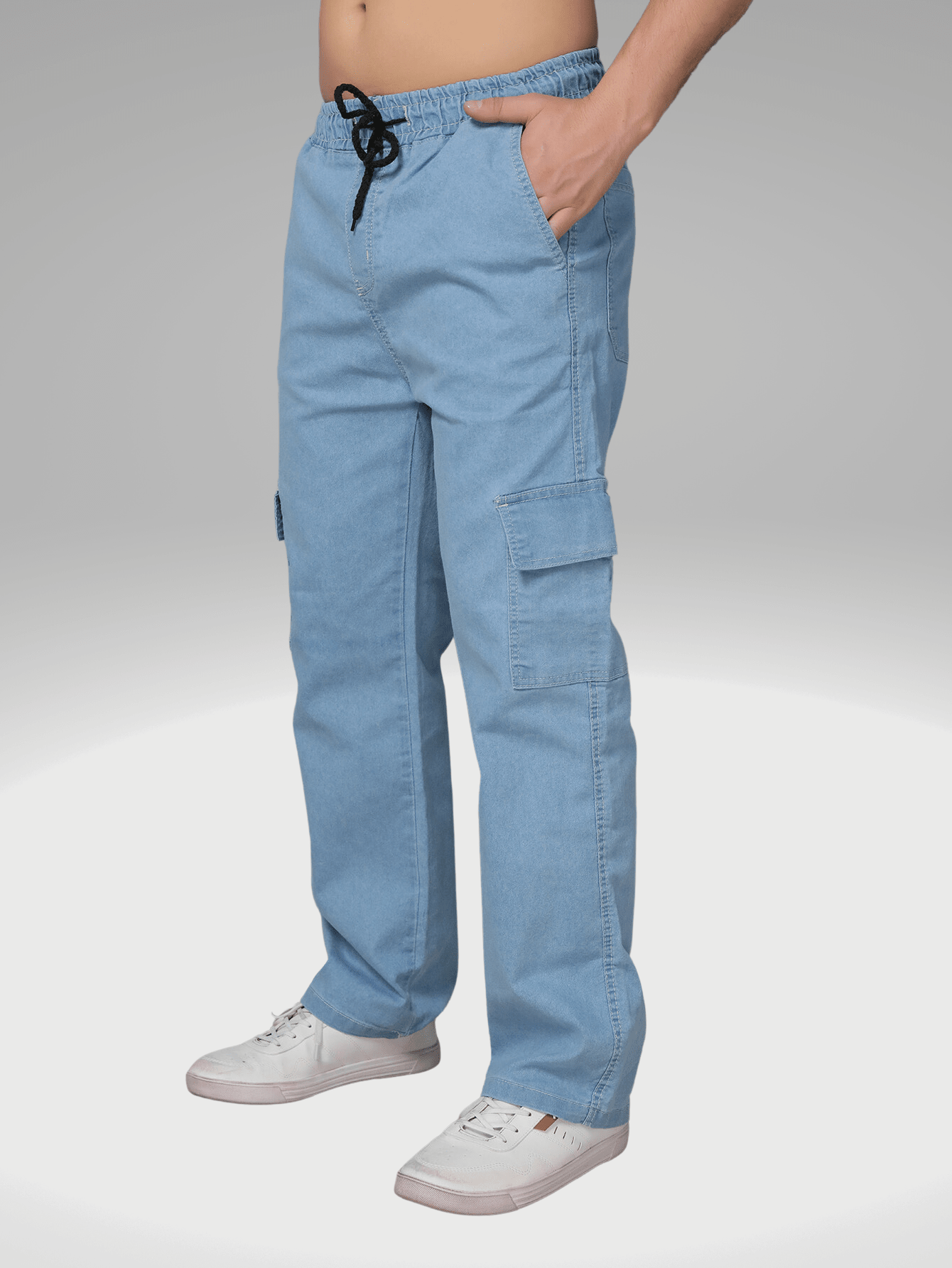 Calça Masculina Cargo Reta Em Jeans Com Cintura Ajustável Lavagem Clara / PP Calça Masculina Cargo Reta Em Jeans Com