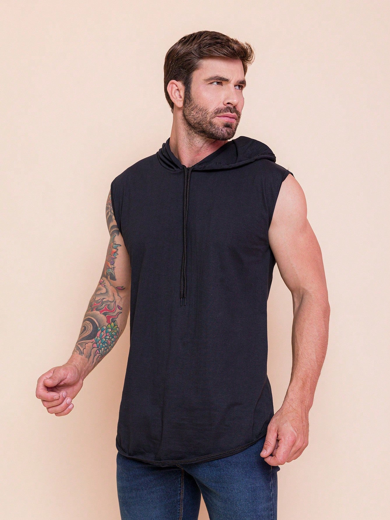 Camiseta Regata Masculina Casual Recorte Estilo Moderno Preto / PP Camiseta Regata Masculina Casual Recorte Estilo