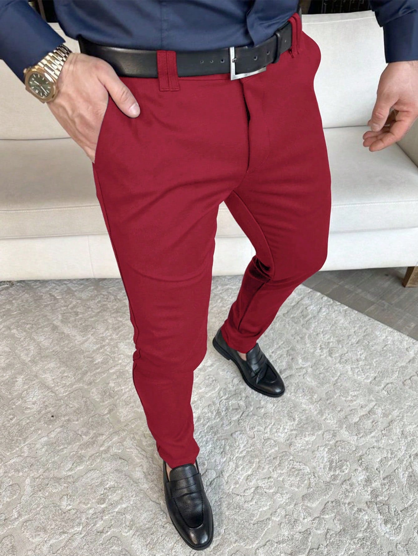 Calça Masculina Social Slim Fit Com Corte Moderno E Cós Ajustável Vermelho / PP Calça Masculina Social Slim Fit Com