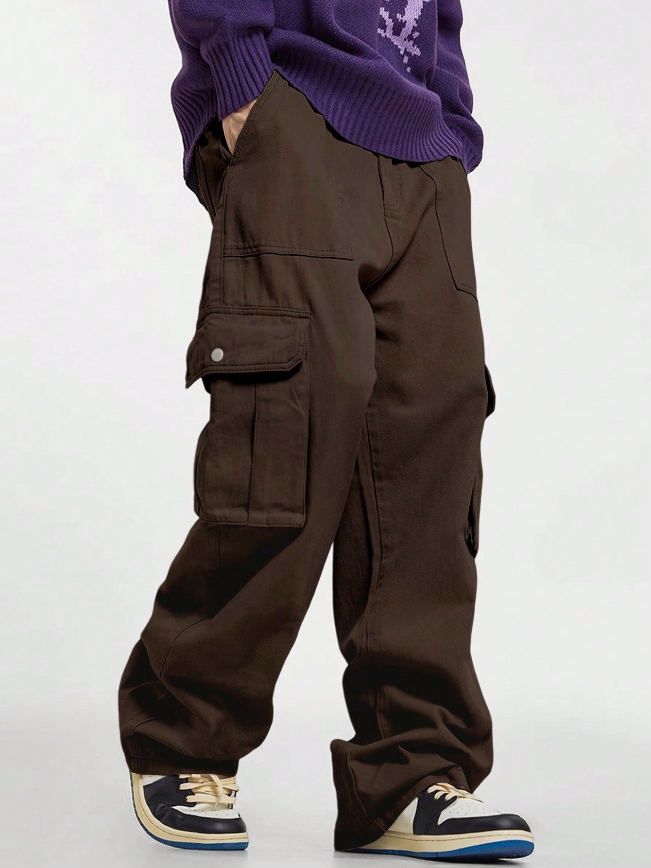 Calça Masculina Cargo Casual Bolsos Sobrepostos E Corte Clássico Café / PP Calça Masculina Cargo Casual Bolsos