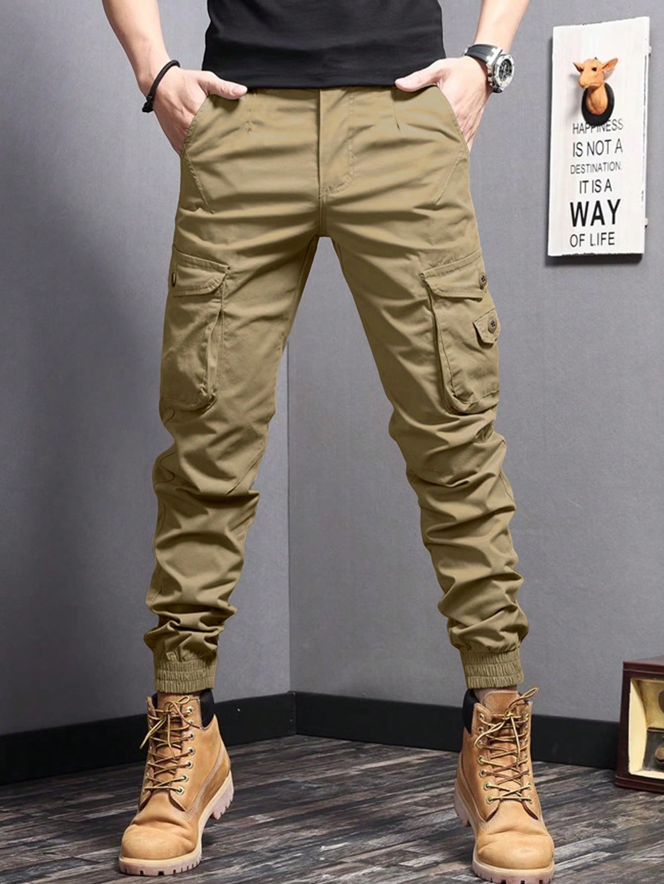 Calça Masculina Cargo Com Pregas E Bolsos Funcionais Calça Masculina Cargo Solta Estampa Cartoon E Bolsos Sobrepostos