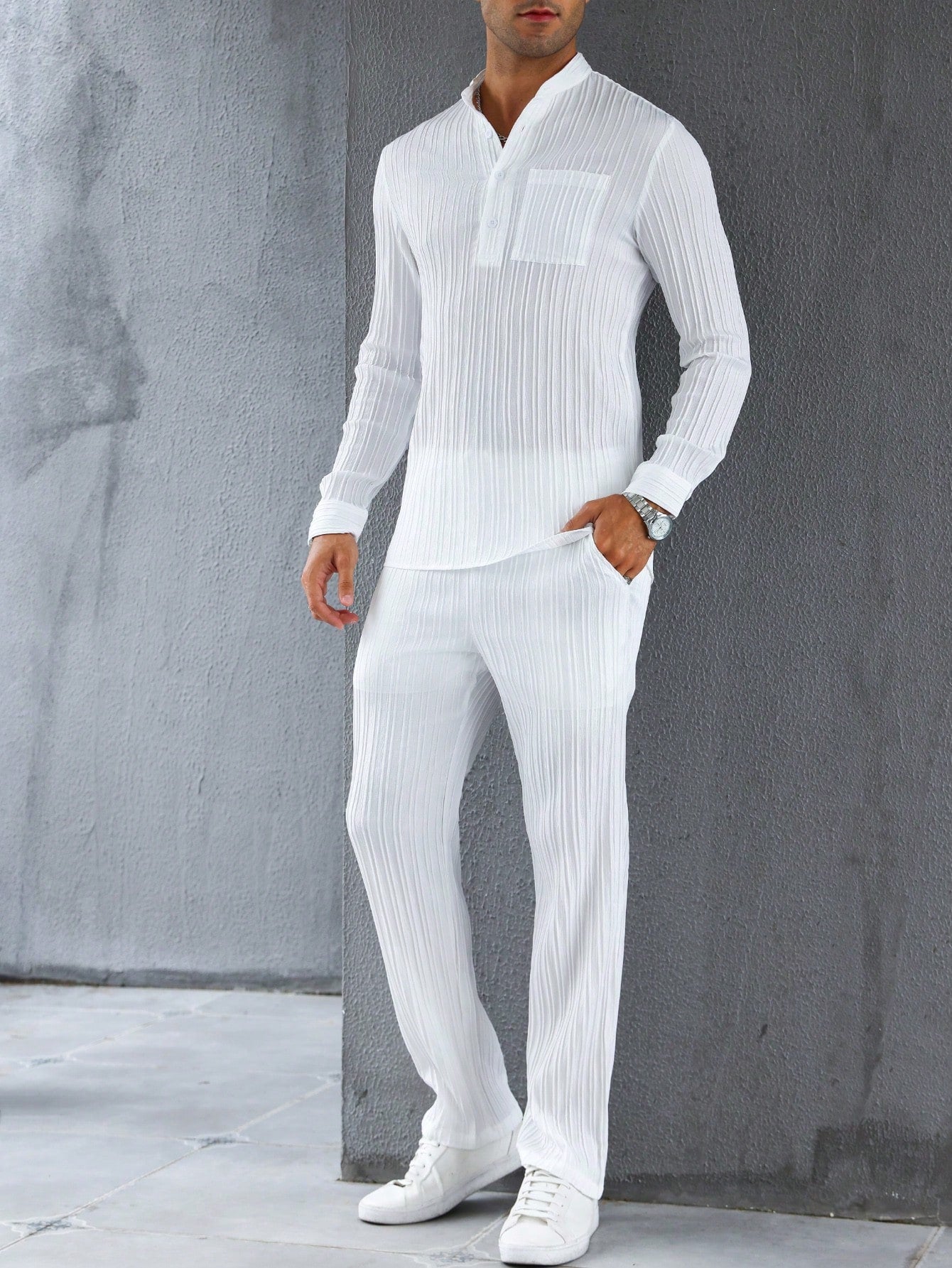 Conjunto Masculino Camisa Manga Longa E Calça Leve Ajustada Branco / PP Conjunto Masculino Camisa Manga Longa E Calça