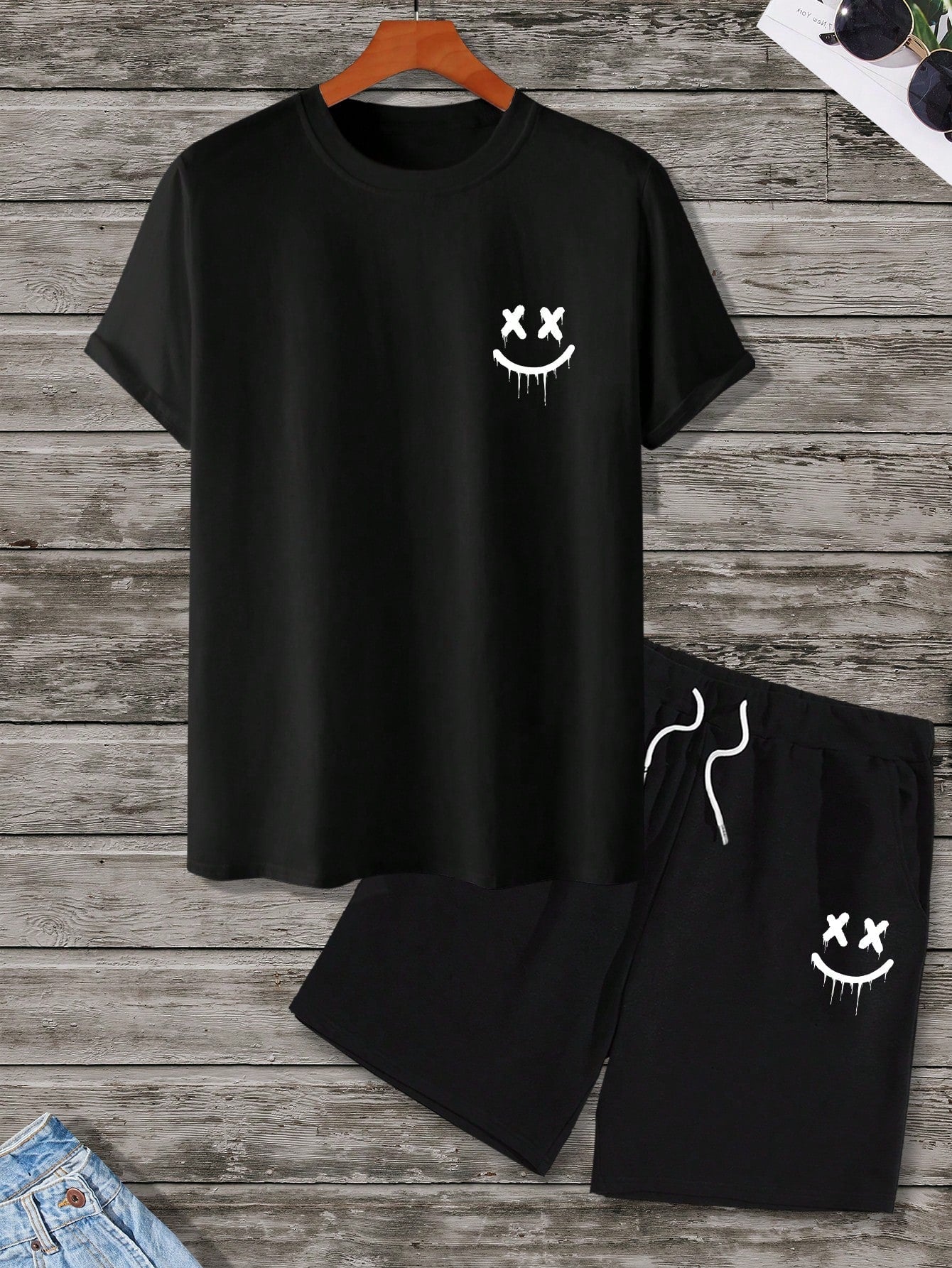 Conjunto Masculino Camiseta Estampa Gráfica E Shorts Cós Ajustável Conjunto Masculino Camiseta Estampa Gráfica E Shorts