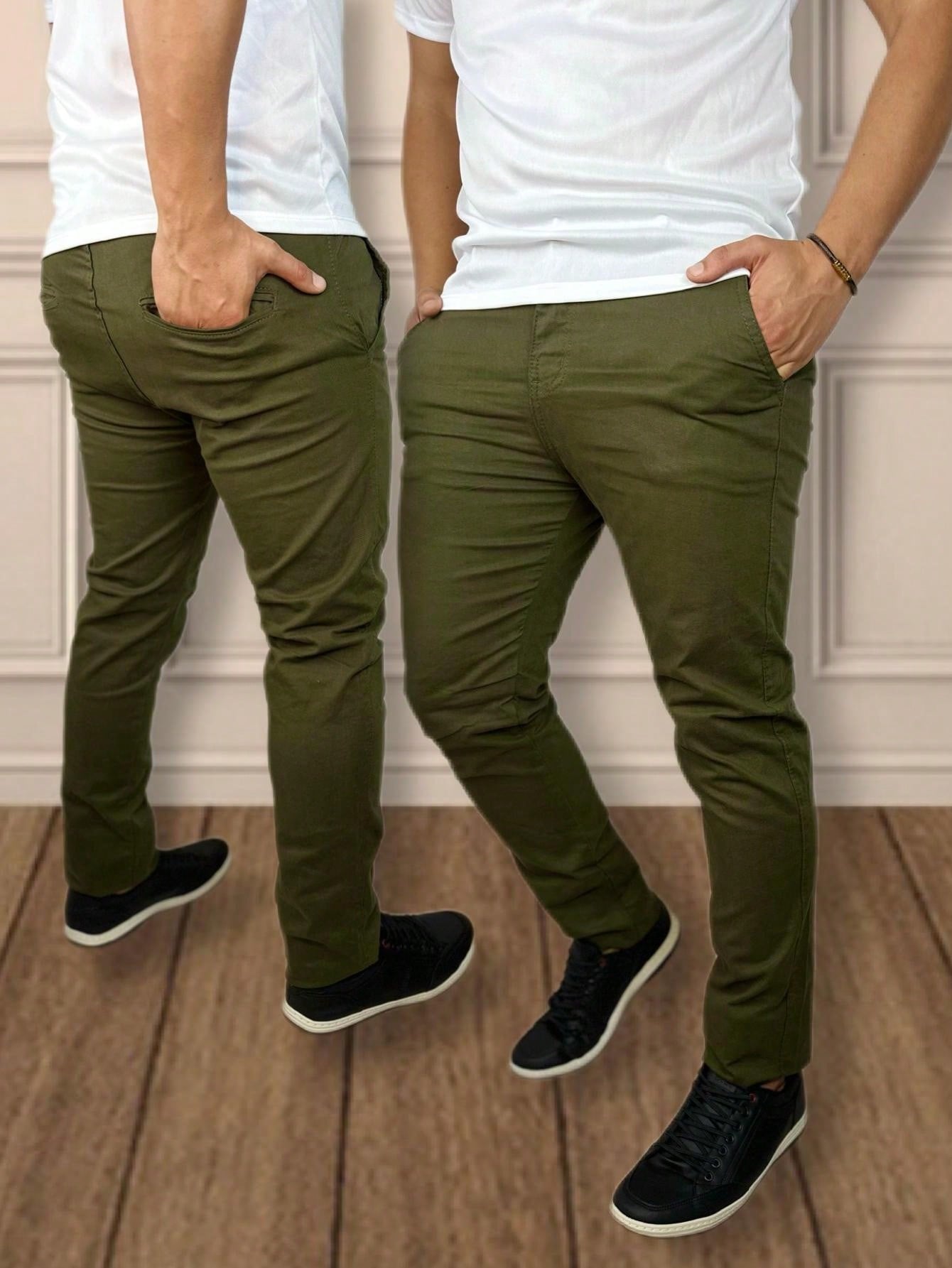 Calça Masculina Jeans Slim Fit Costura Contrastante E Lavagem Moderna Verde Militar / PP Calça Masculina Jeans Slim Fit
