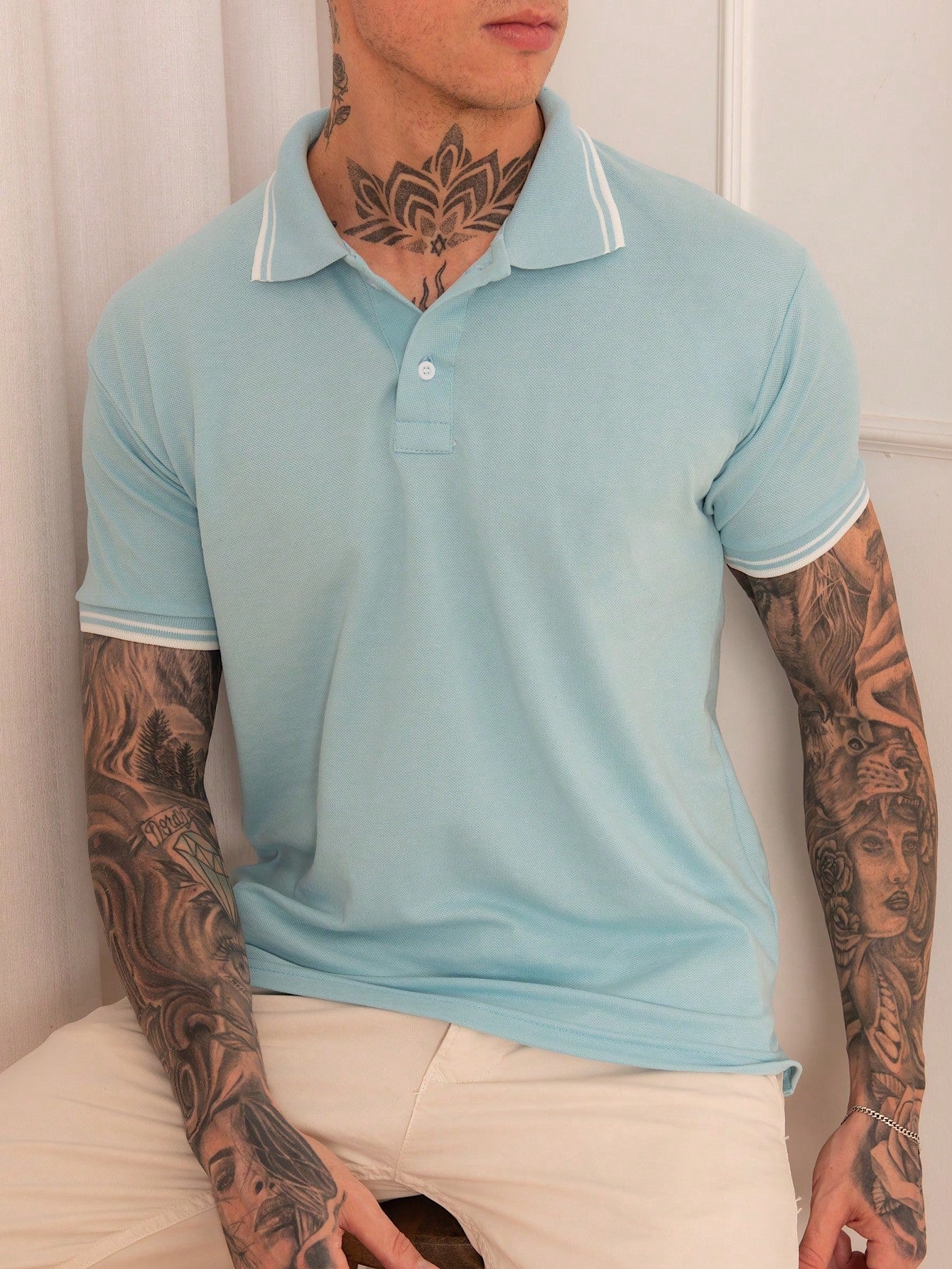 Camisa Polo Masculina Casual Estampa De Listras Gola Tradicional Azul Bebê / PP Camisa Polo Masculina Casual Estampa De