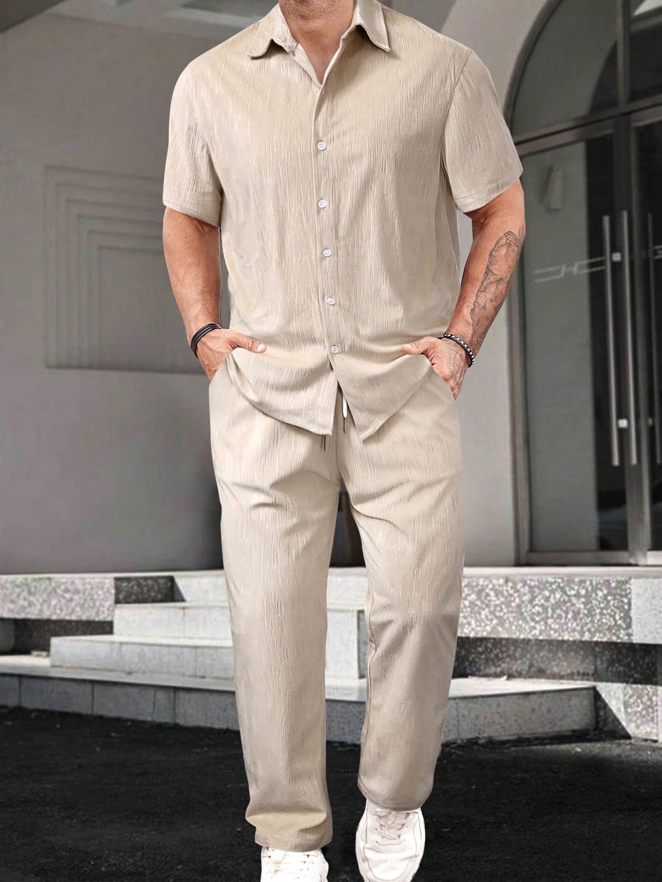 Conjunto Masculino Camisa Manga Curta E Calça Básica Casual Damasco / PP Conjunto Masculino Camisa Manga Curta E Calça