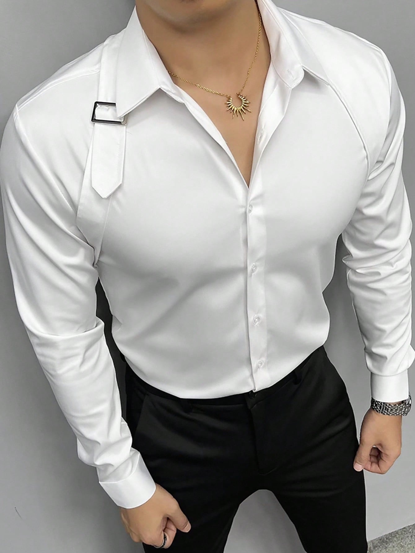 Camisa Masculina De Botão Slim Fivela Decorativa Estilo Único Branco / PP Camisa Masculina De Botão Slim Fivela