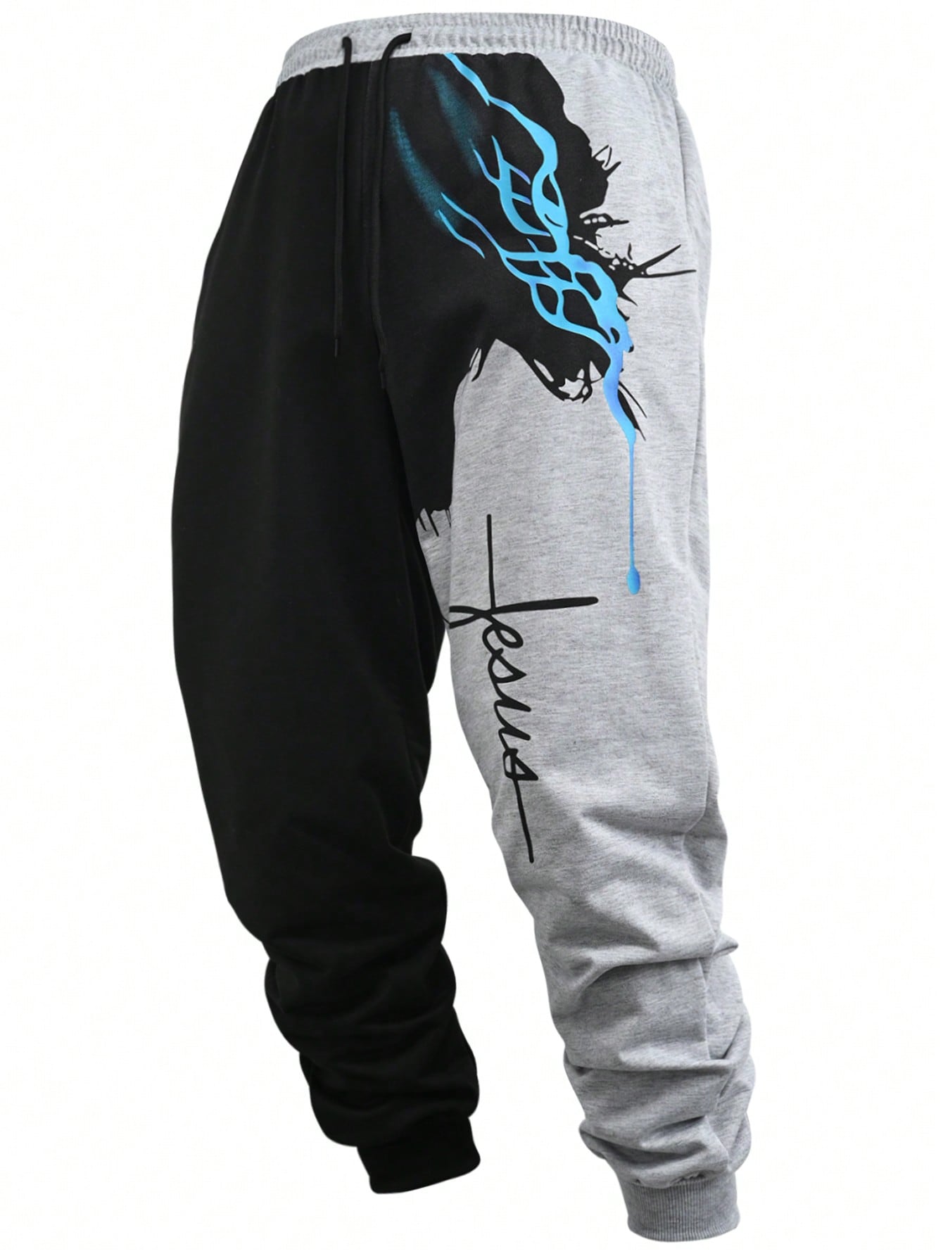 Calça Masculina Jogger Bicolor Com Estampa De Fé Estilizada Calça Masculina Jogger Bicolor Com Estampa De Fé Estilizada