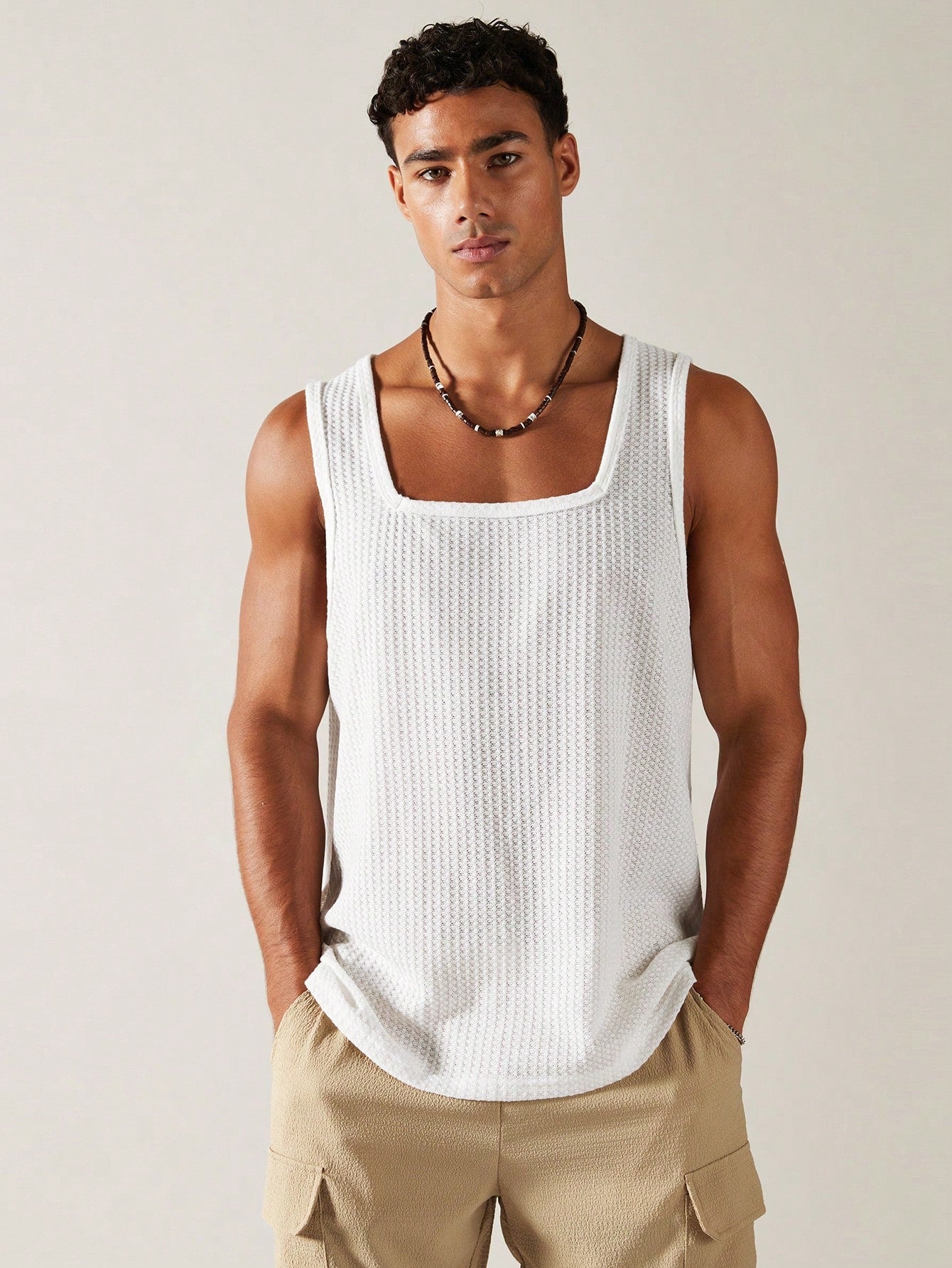 Camiseta Regata Masculina Decote Quadrado Estilo Casual Branco / PP Camiseta Regata Masculina Decote Quadrado Estilo