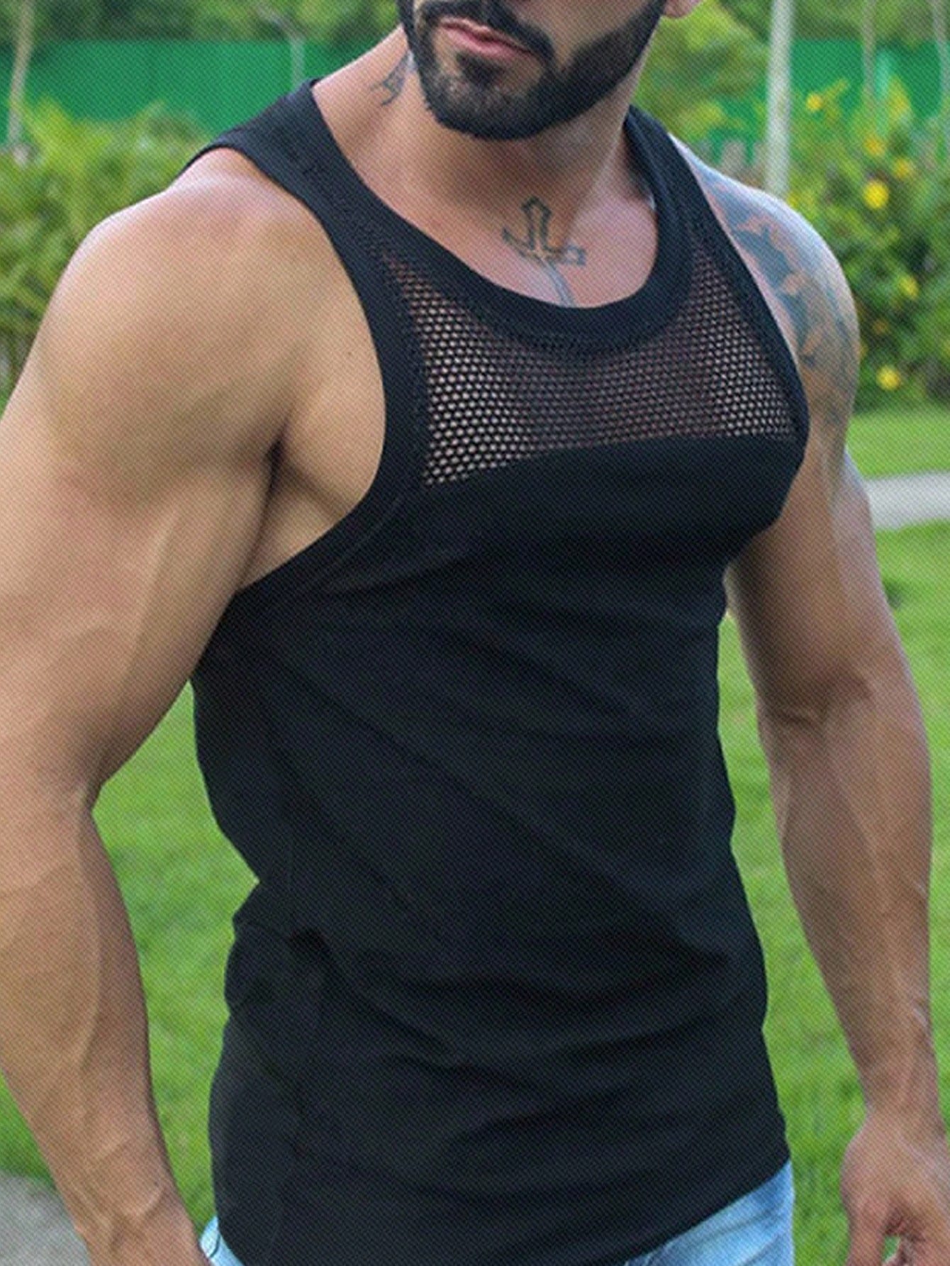 Camiseta Regata Masculina Tela Contrastante Estilo Rave Preto / PP Camiseta Regata Masculina Tela Contrastante Estilo