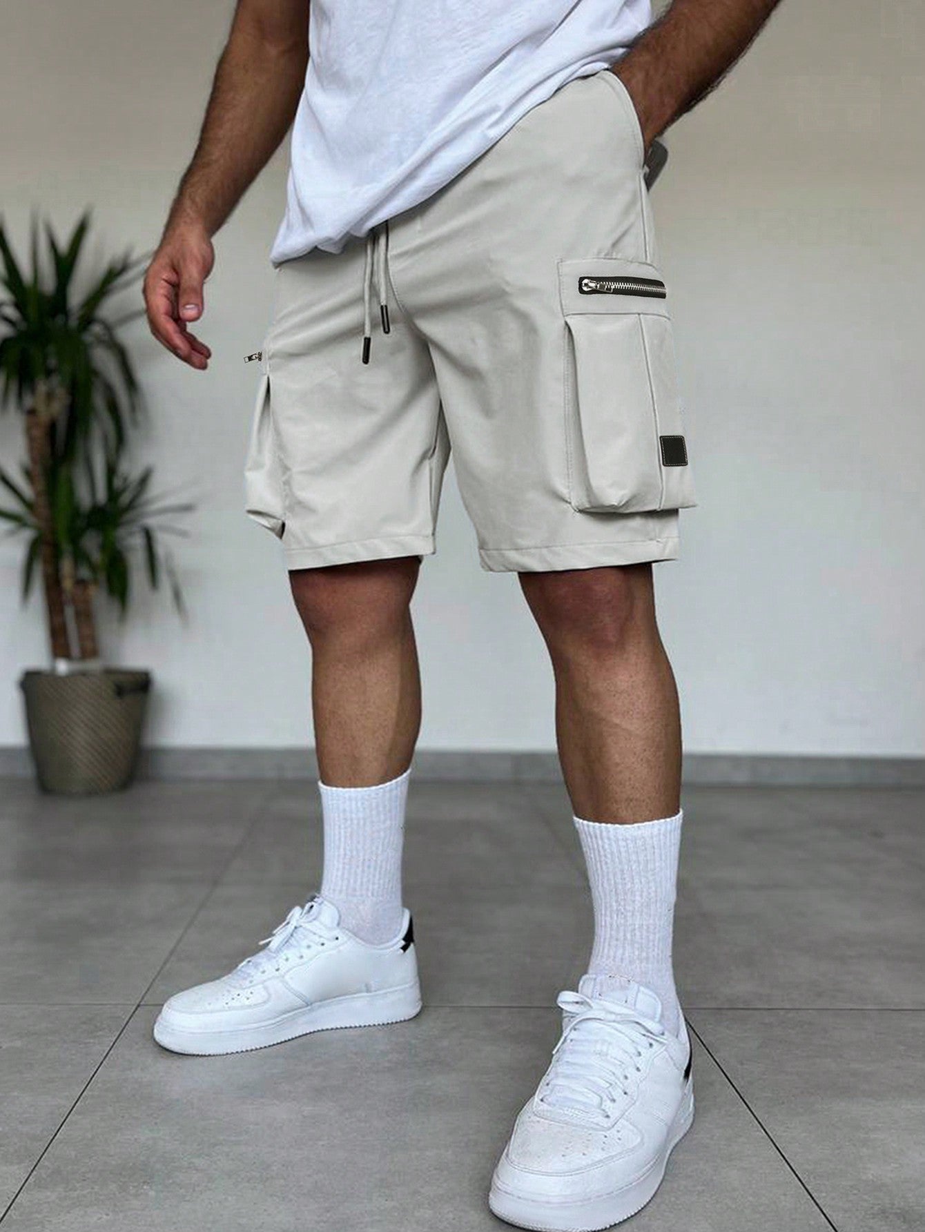 Shorts Masculino Cargo Estilo Street Com Zíper Decorativo Cinza / PP Shorts Masculino Cargo Estilo Street Com Zíper