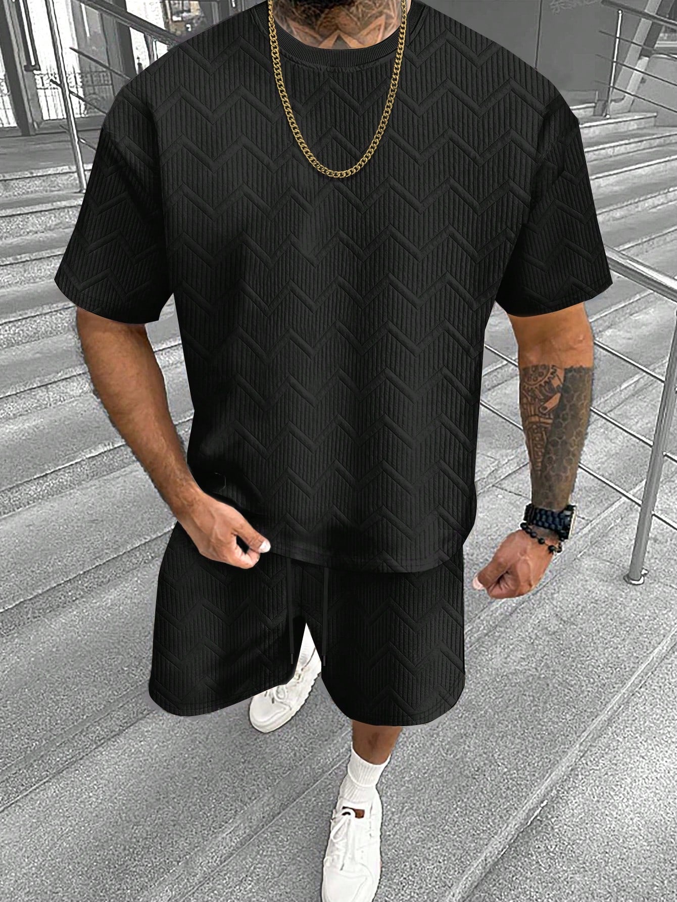 Conjunto Masculino Camiseta Texturizada E Shorts Confortáveis Preto / PP Conjunto Masculino Camiseta Texturizada E