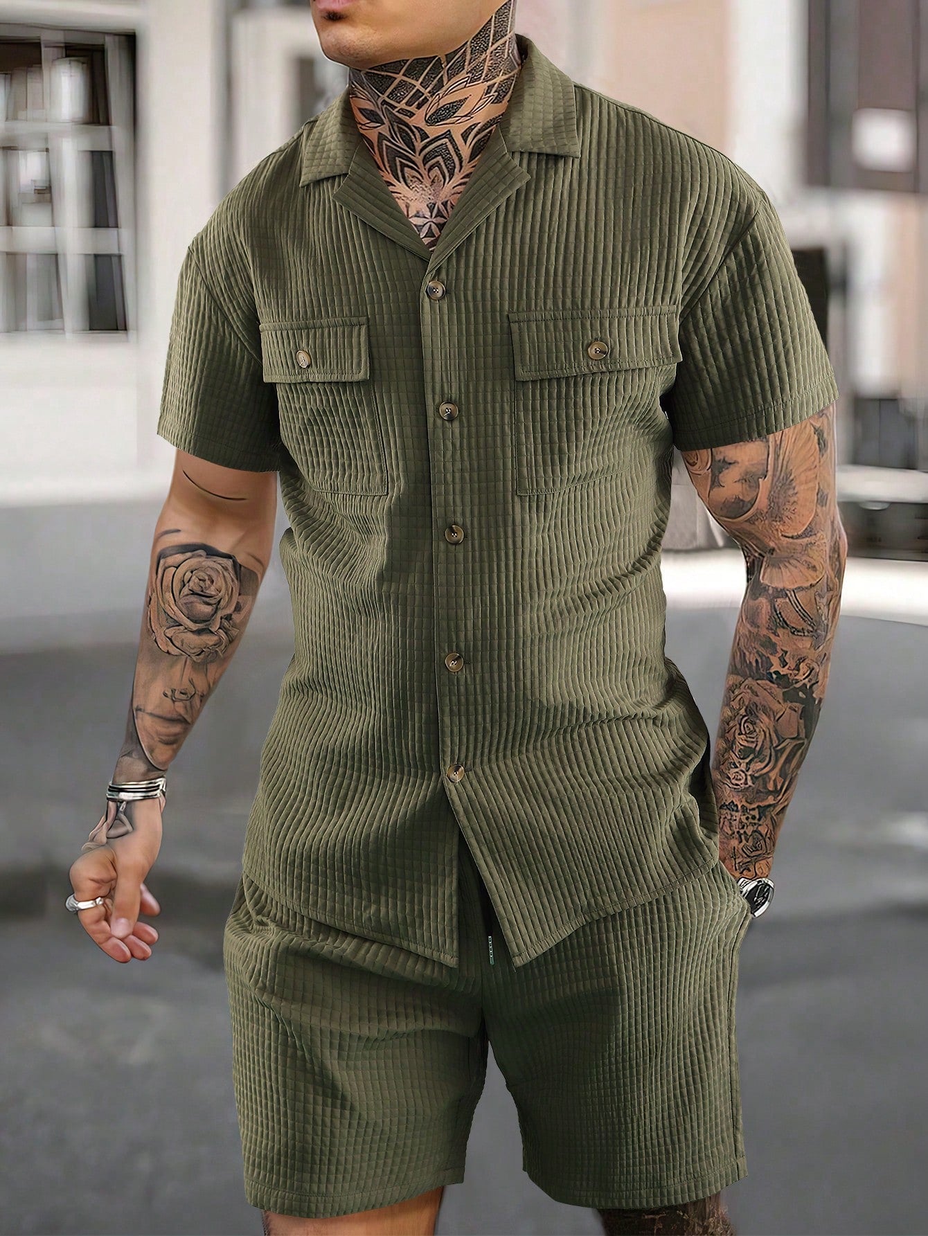 Conjunto Masculino Camisa Manga Curta E Shorts Tecido Suave Verde Militar / PP Conjunto Masculino Camisa Manga Curta E