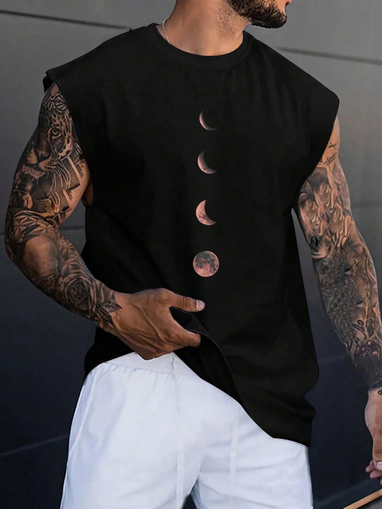 Camiseta Regata Masculina Vintage Estampa Da Lua Alças Largas Preto / PP Camiseta Regata Masculina Vintage Estampa Da
