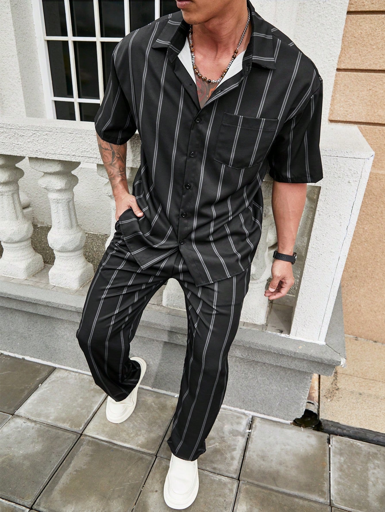 Conjunto Masculino Camisa Listrada E Calça Reta Estilo Verão Conjunto Masculino Camisa Listrada E Calça Reta Estilo