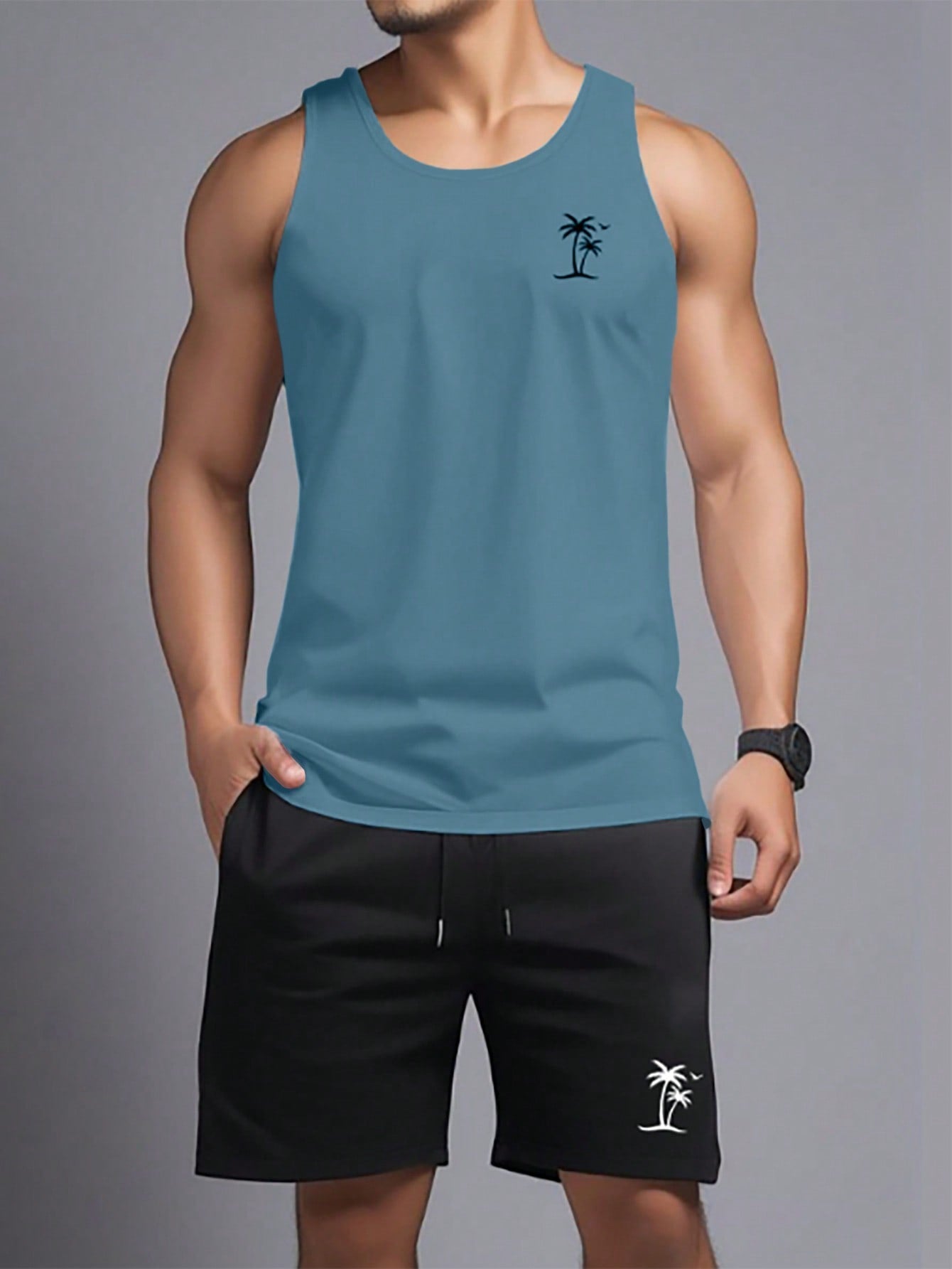 Conjunto Masculino Regata Estampada E Shorts Cós Elástico Azul / PP Conjunto Masculino Regata Estampada E Shorts Cós