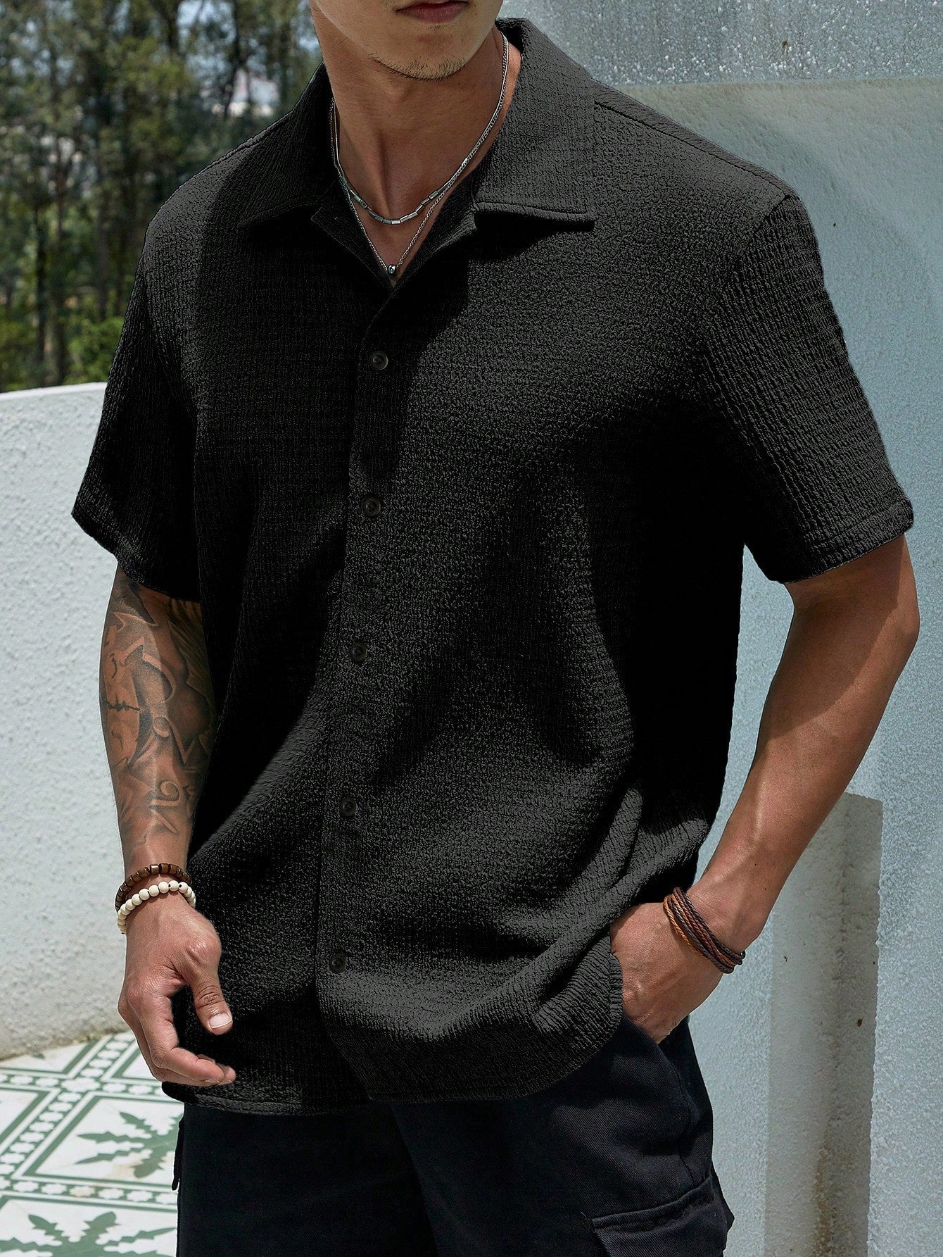Camisa Masculina De Botão Caimento Leve Textura Fina Preto / PP Camisa Masculina De Botão Caimento Leve Textura Fina