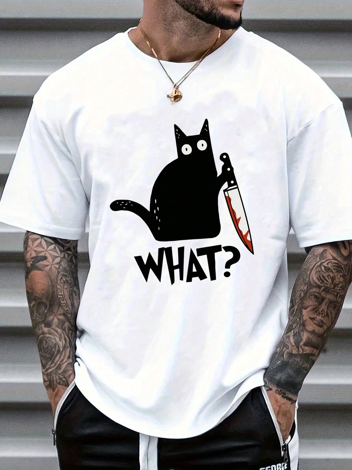 Camiseta Masculina Oversized Estampa Divertida De Gato Branco / PP Camiseta Masculina Oversized Estampa Divertida De