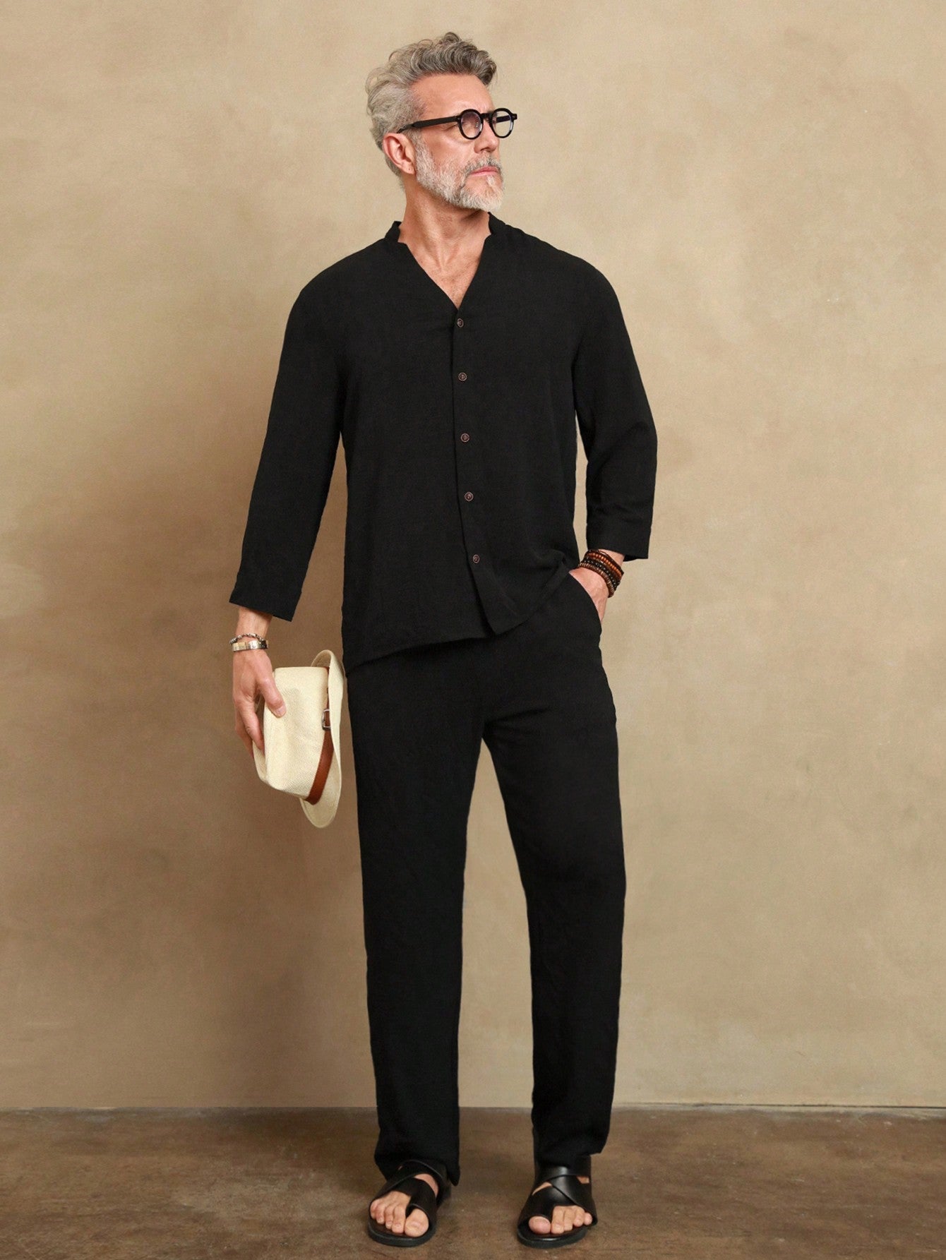 Conjunto Masculino Camisa De Linho E Calça Reta Estilo Vintage Preto / PP Conjunto Masculino Camisa De Linho E Calça