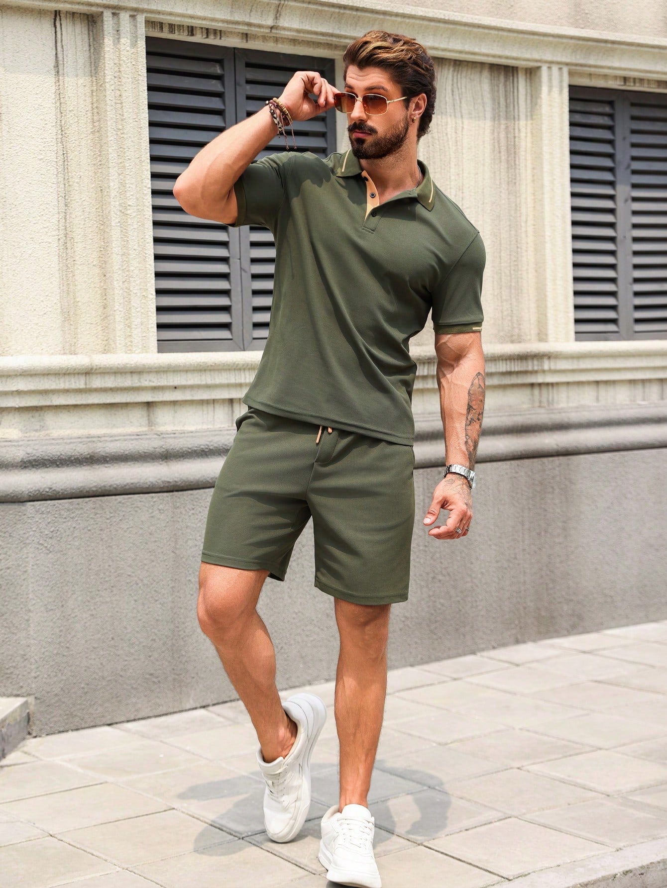 Conjunto Masculino Camisa Polo Abotoamento Simples E Shorts Casuais Conjunto Masculino Camisa Polo Abotoamento Simples