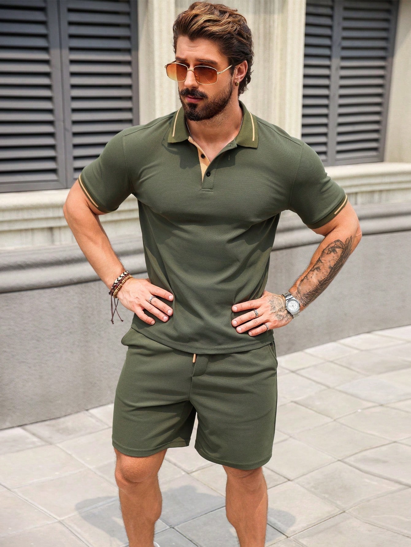 Conjunto Masculino Camisa Polo Abotoamento Simples E Shorts Casuais Conjunto Masculino Camisa Polo Abotoamento Simples