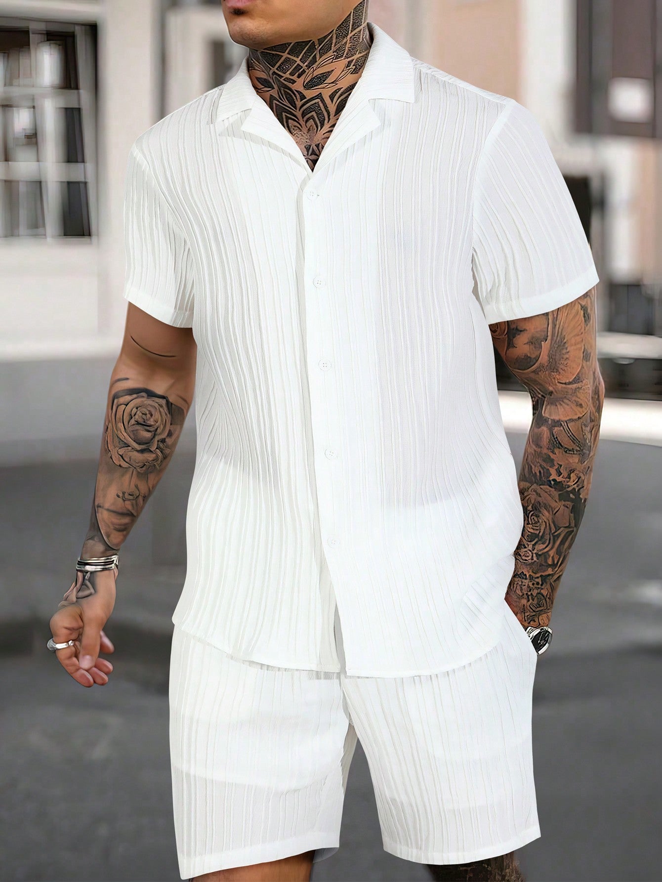 Conjunto Masculino Shorts Estilo Casual E Camisa Botões Simples Branco / PP Conjunto Masculino Shorts Estilo Casual E