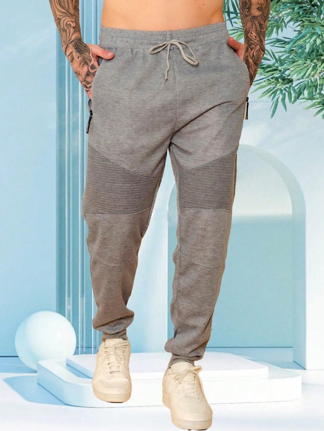 Calça Masculina Jogger Com Recortes E Cós Ajustável Cinza / PP Calça Masculina Jogger Com Recortes E Cós Ajustável