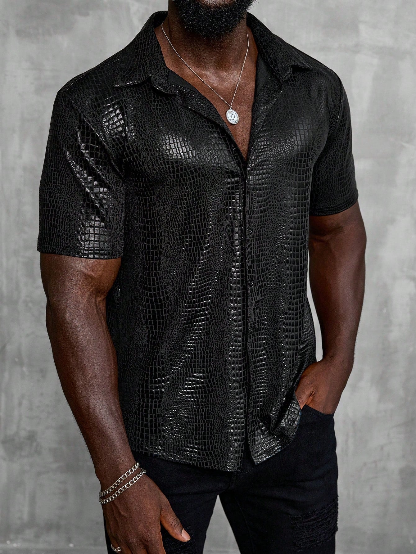Camisa Masculina De Botão Brilhante Estampa Animal Luxuosa Preto / PP Camisa Masculina De Botão Brilhante Estampa