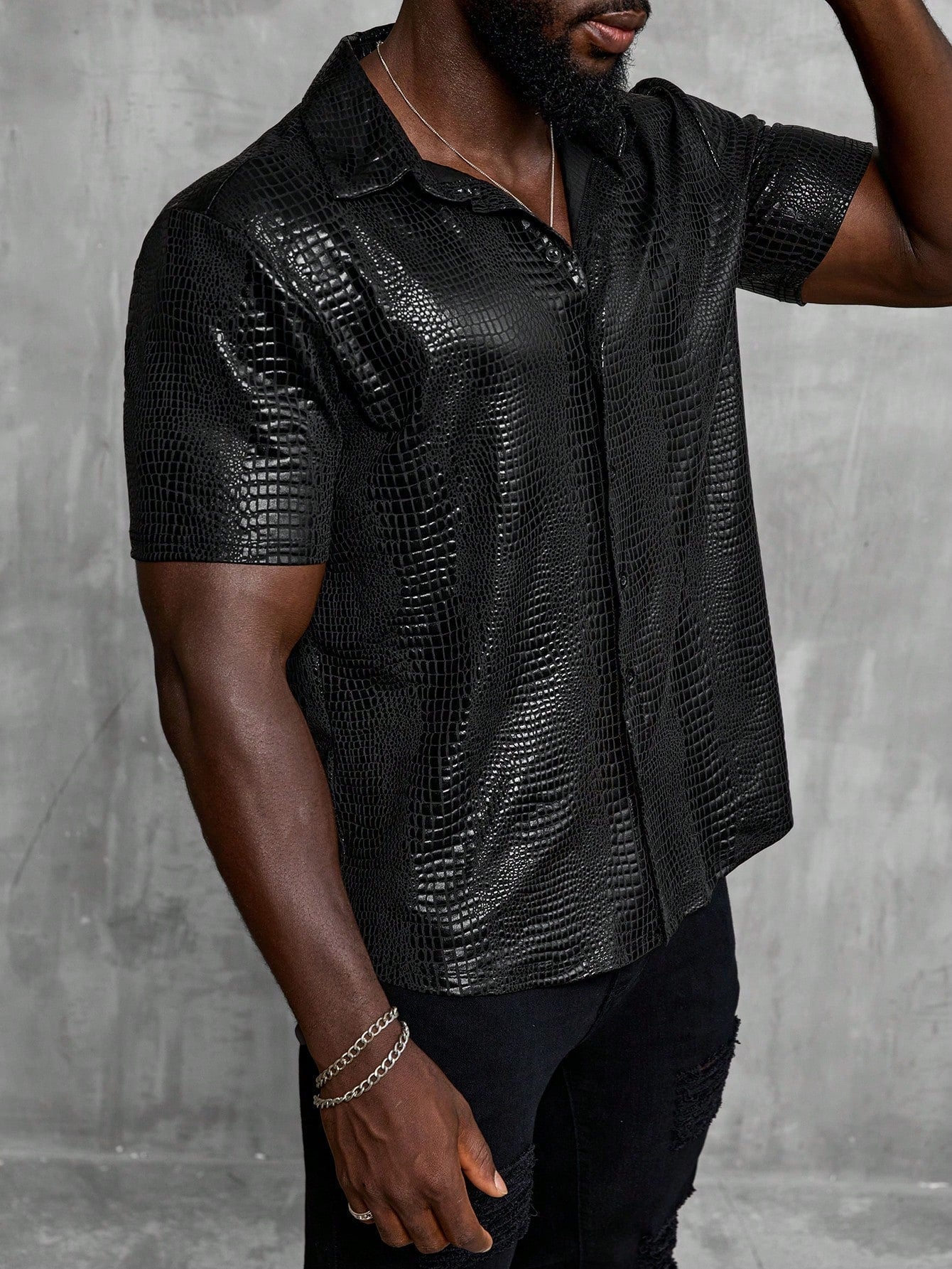 Camisa Masculina De Botão Brilhante Estampa Animal Luxuosa Camisa Masculina De Botão Brilhante Estampa Animal Luxuosa