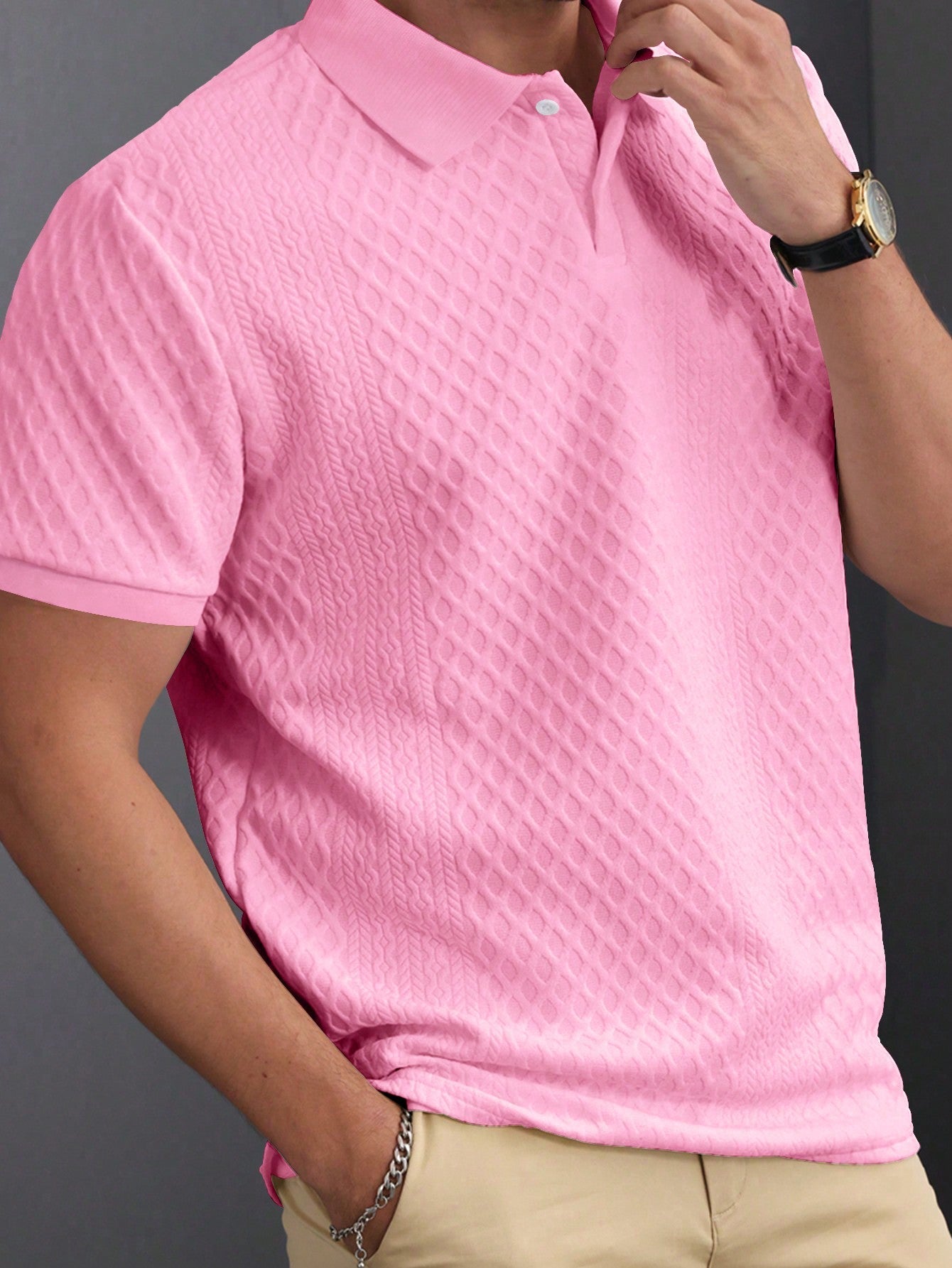 Camisa Polo Masculina Estilo Tricot Acabamento Refinado Rosa / PP Camisa Polo Masculina Estilo Tricot Acabamento