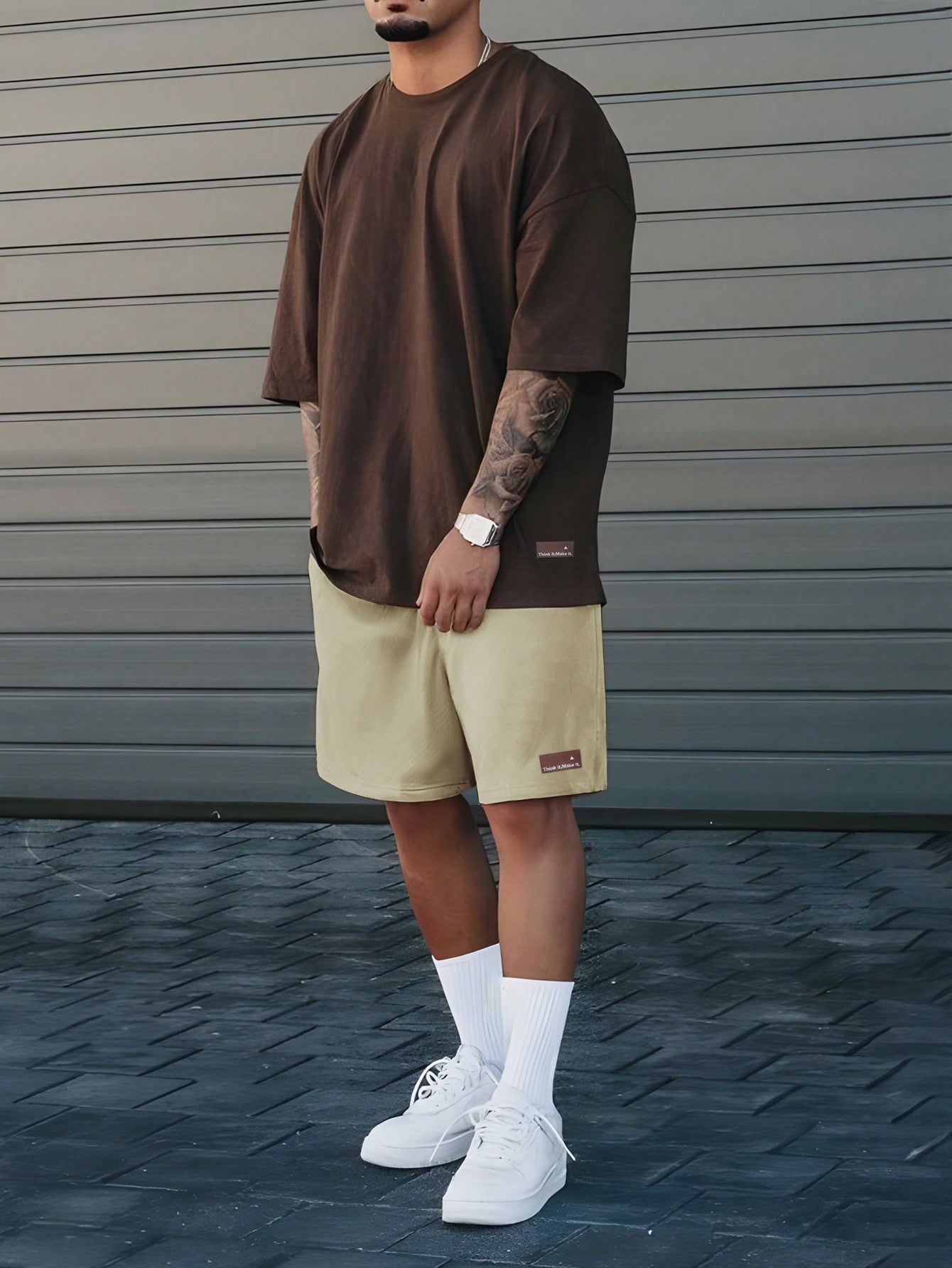 Conjunto Masculino Camisa Manga Curta E Shorts Estilo Casual Marrom / PP Conjunto Masculino Camisa Manga Curta E Shorts