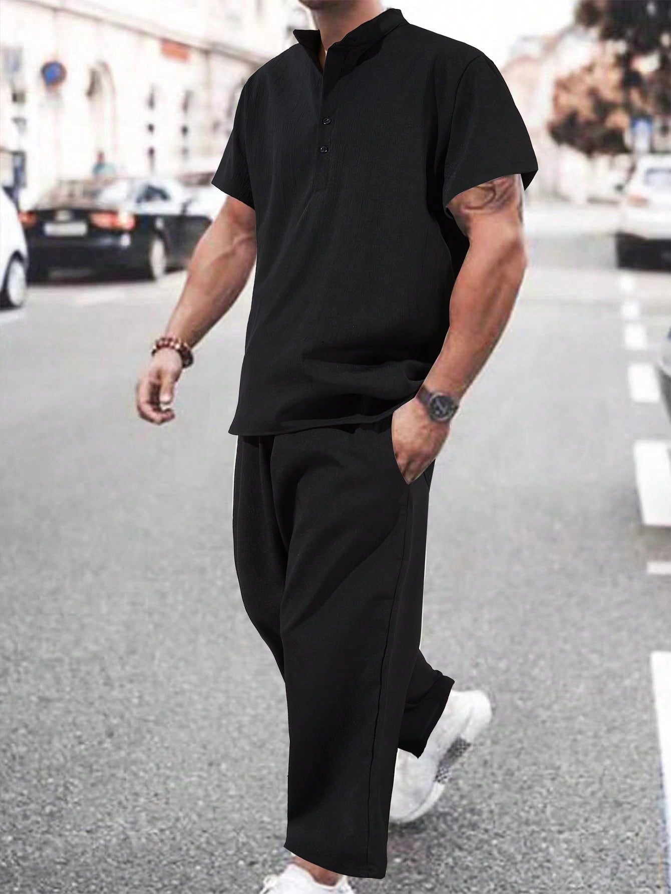 Conjunto Masculino Camisa Half Button E Calça Leve Solta Preto / PP Conjunto Masculino Camisa Half Button E Calça Leve