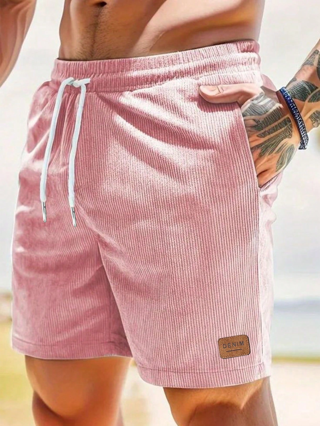 Shorts Masculino Em Veludo Cotelê Com Cós Elástico E Cordão Rosa Empoeirado / PP Shorts Masculino Em Veludo Cotelê Com