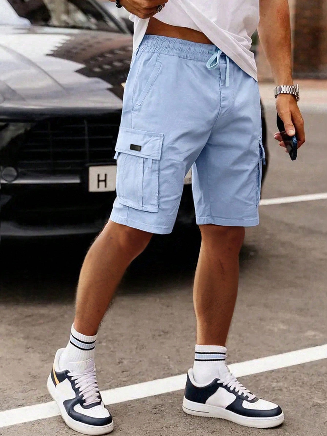 Shorts Masculino Cargo Bolsos Amplos E Cós Elástico Ajustável Azul Bebê / PP Shorts Masculino Cargo Bolsos Amplos E Cós