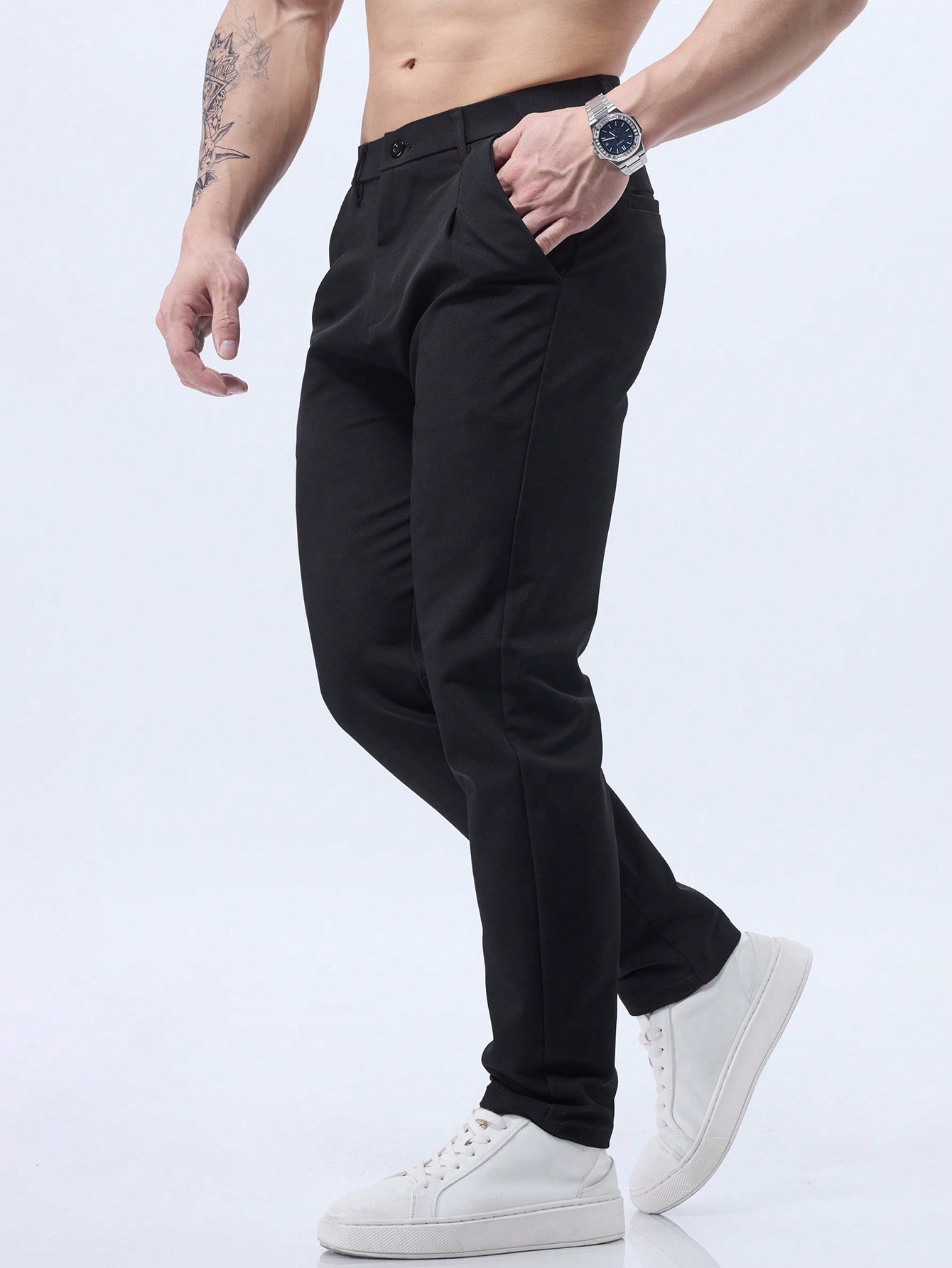 Calça Masculina Social Slim Fit Com Pregas Frontais E Cintura Alta Calça Masculina Social Slim Fit Com Pregas Frontais