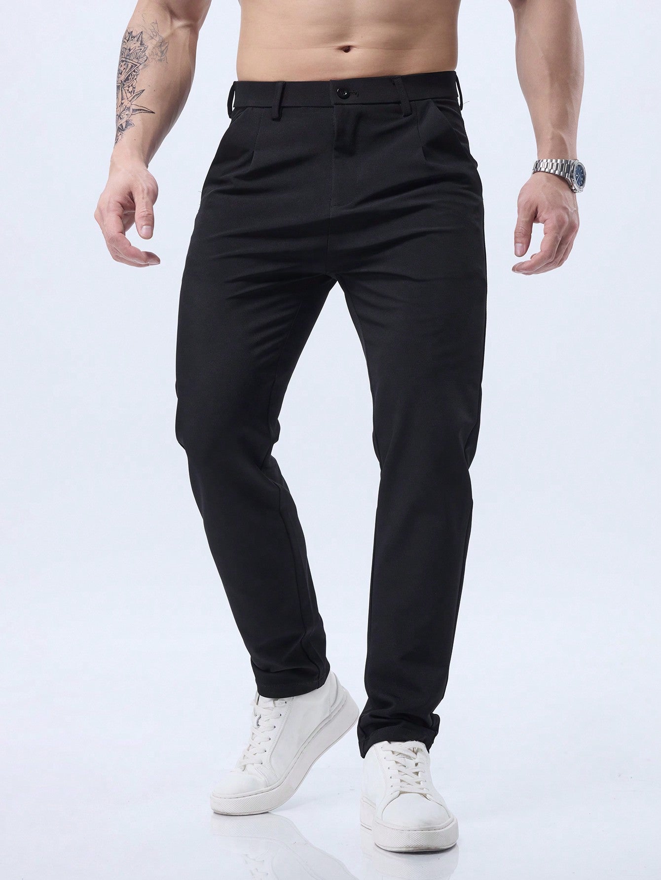 Calça Masculina Social Slim Fit Com Pregas Frontais E Cintura Alta Calça Masculina Social Slim Fit Com Pregas Frontais