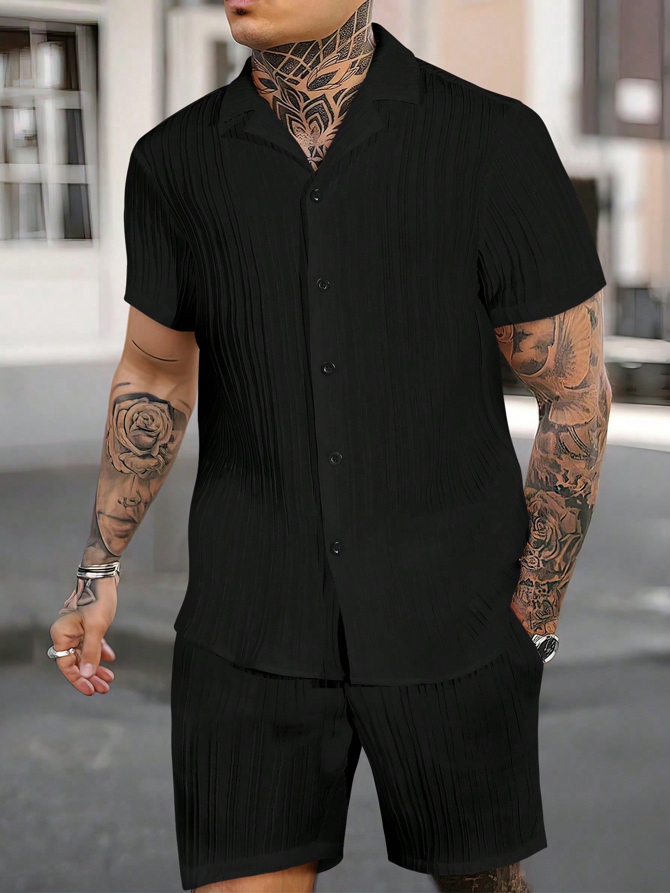Conjunto Masculino Shorts Estilo Casual E Camisa Botões Simples Preto / PP Conjunto Masculino Shorts Estilo Casual E