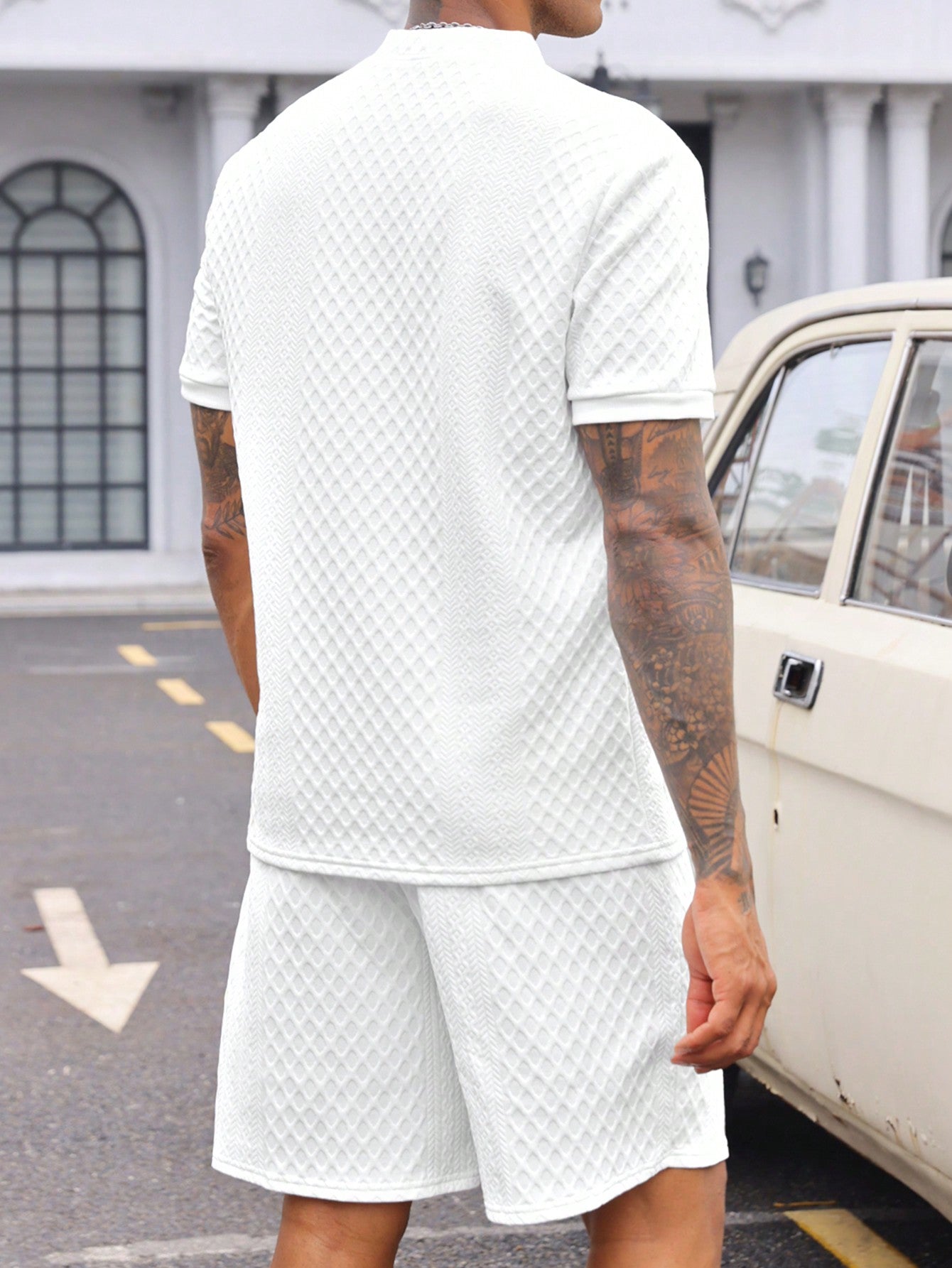 Conjunto Masculino Polo Texturizada E Shorts Casuais Conjunto Masculino Polo Texturizada E Shorts Casuais