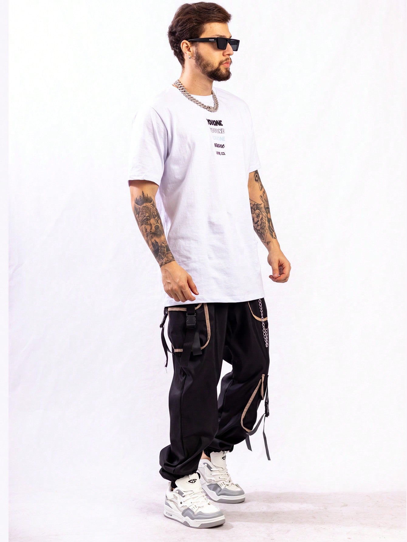 Calça Masculina Cargo Com Correntes E Estilo Streetwear Branco / PP Calça Masculina Cargo Com Correntes E Estilo